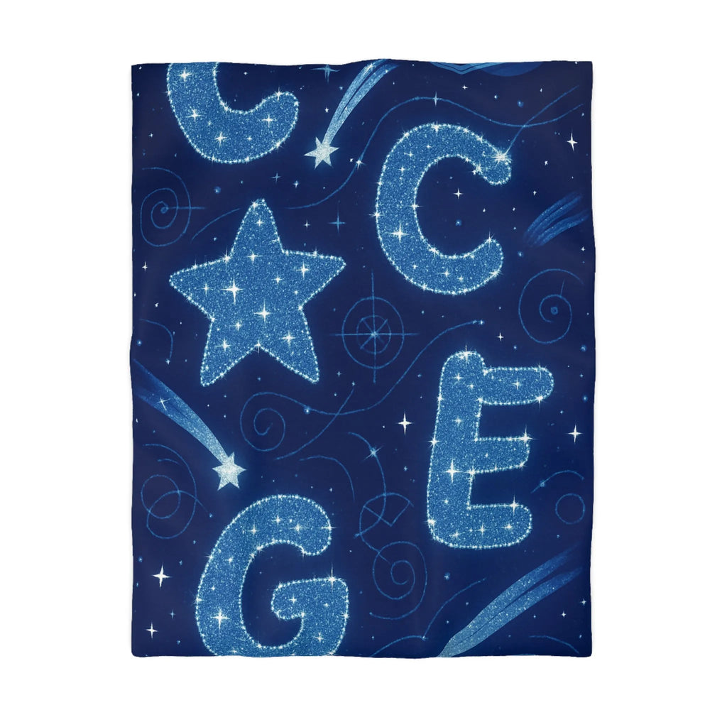 Housse de couette espace étoilé avec lettres scintillantes et planètes en arrière-plan
