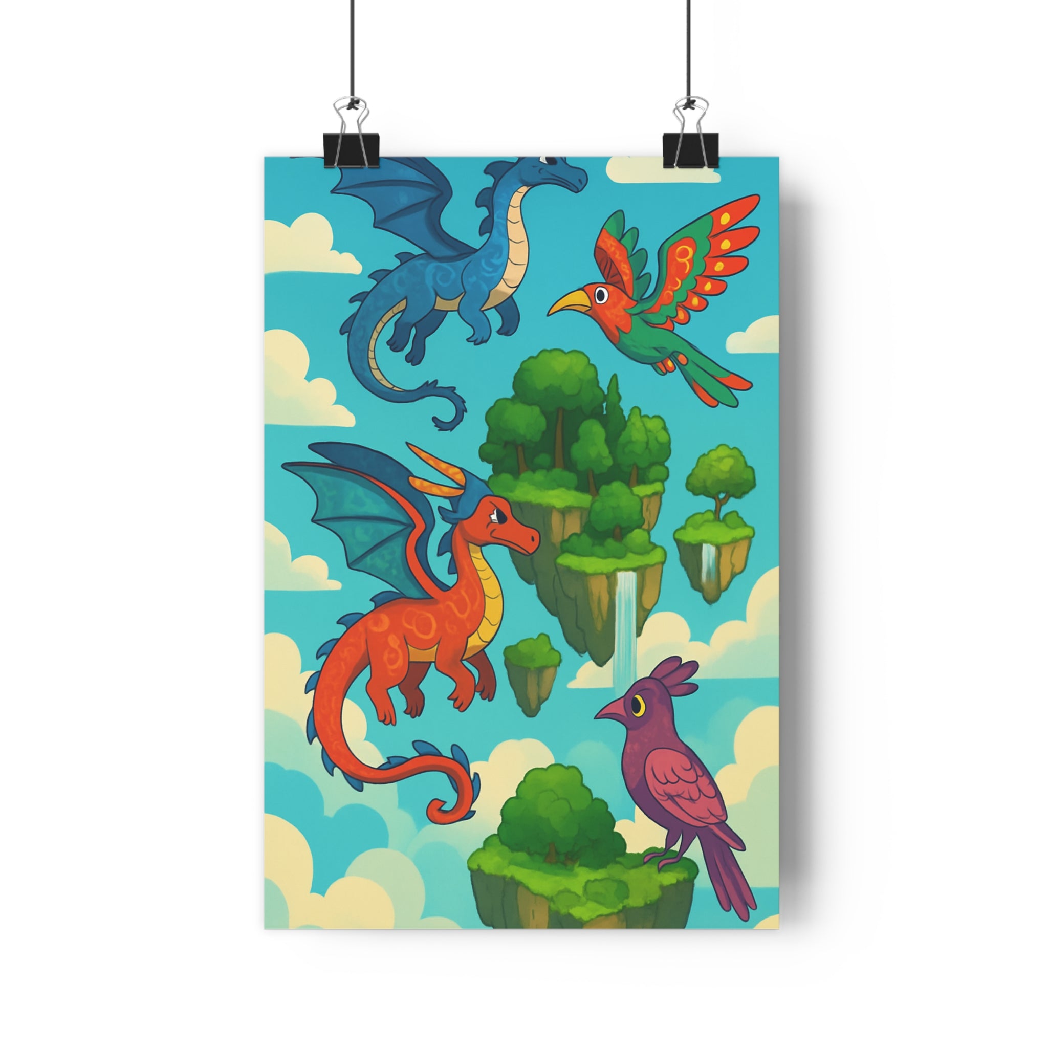 Poster décoratif fantastique dragon bleu orange aérien magique enchanté chambre salon art vibrant qualité