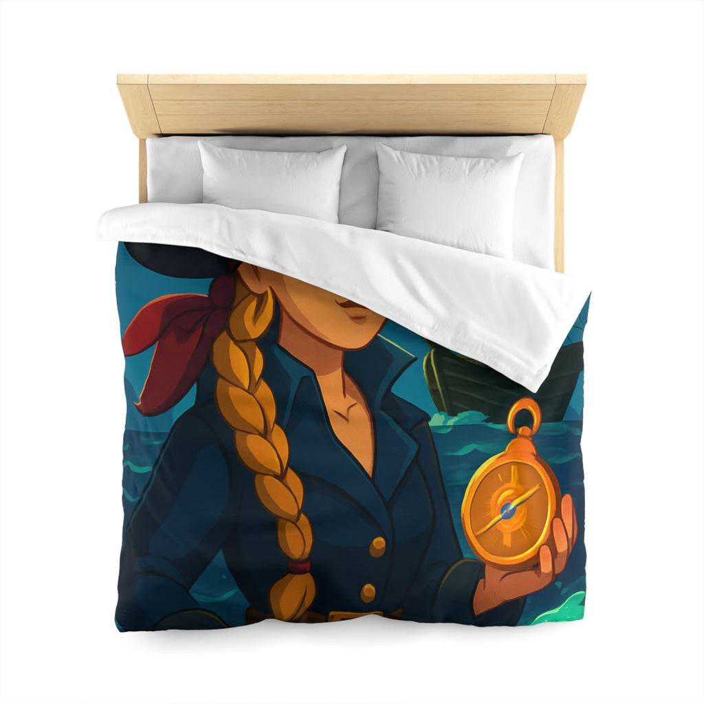 Housse de couette pirate colorée avec femme audacieuse, boussole et bateau illuminé