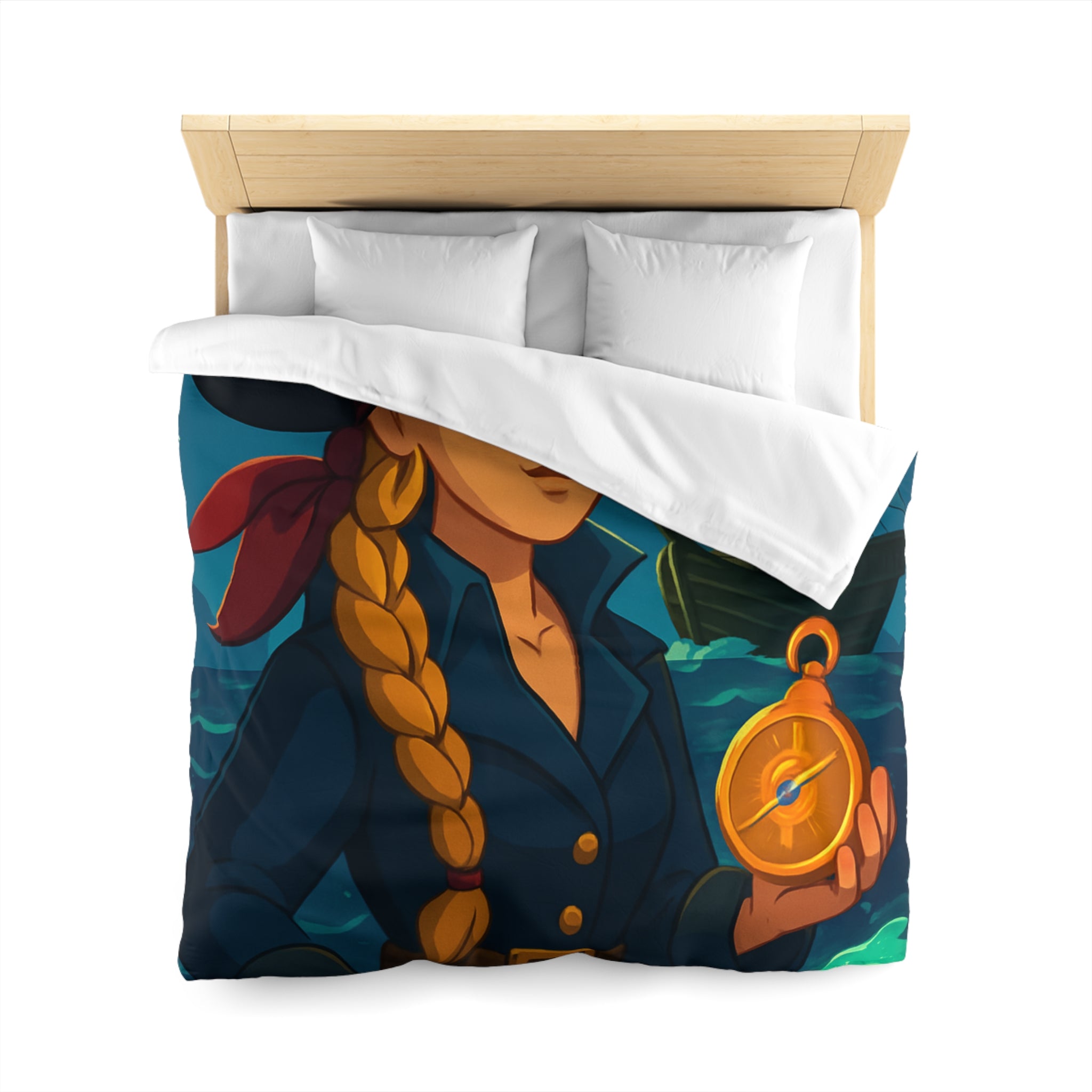 Housse de couette pirate colorée avec femme audacieuse, boussole et bateau illuminé