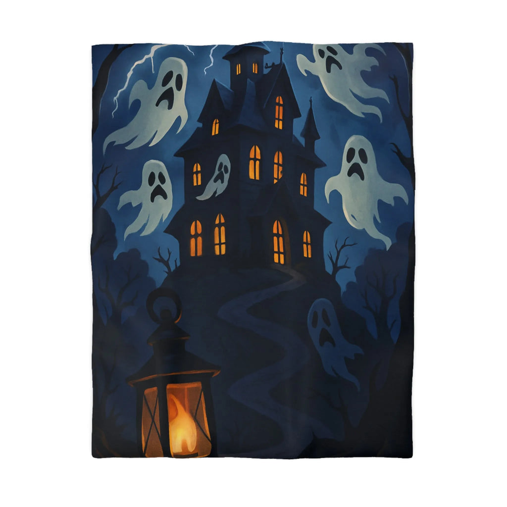 Housse de couette avec château hanté, fantômes, ciel orageux et lanterne mystérieuse