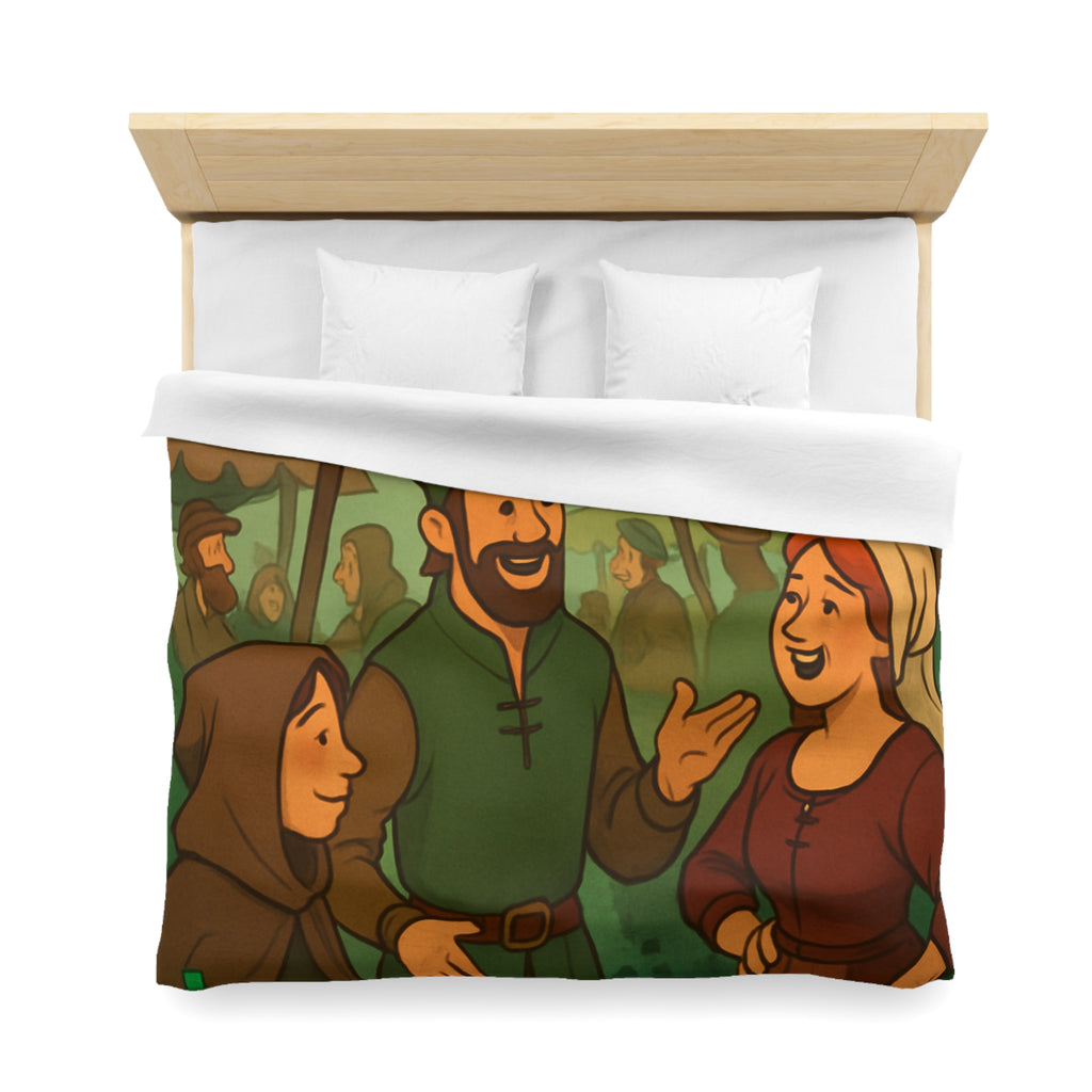 Housse de couette thème médiéval avec château, marché animé et potions colorées