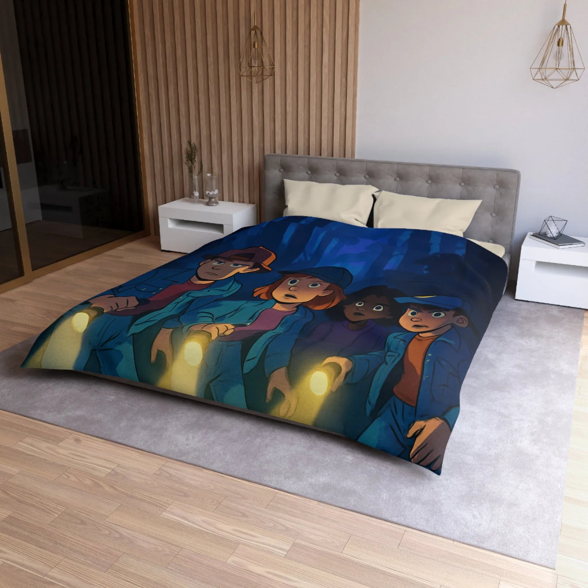 Housse de couette forêt mystérieuse enfants explorateurs avec lampes de poche illustration nocturne