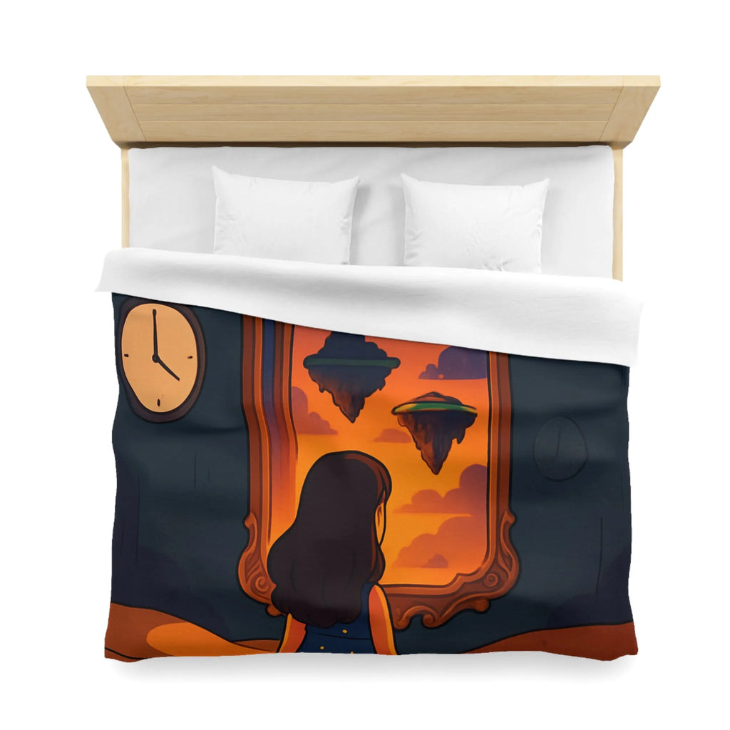 Housse de couette magique: paysage flottant, horloges rêveuses et fille contemplative