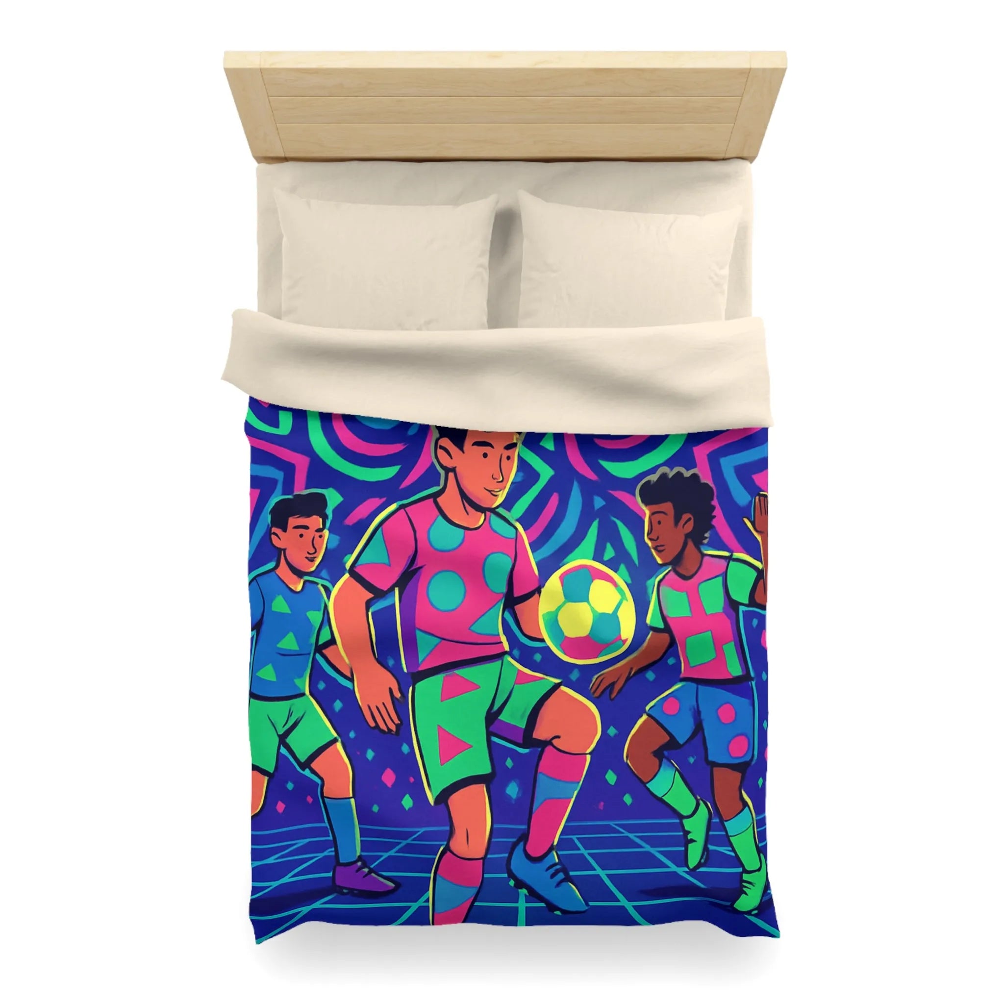 Housse de Couette Football Colorée avec Motifs Psychédéliques et Jeunes Joueurs en Action
