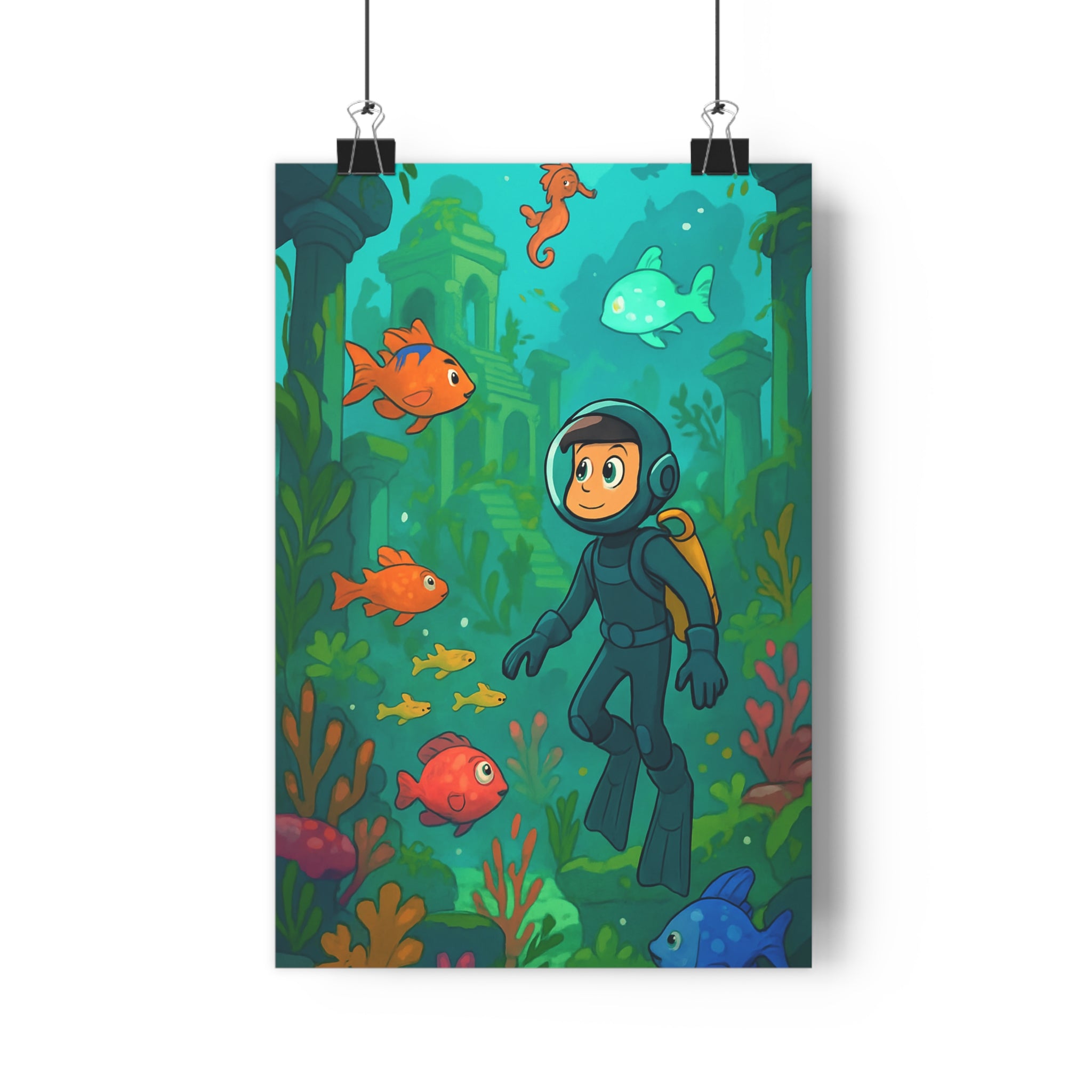 Poster décoratif rétrofuturiste cartoon bleu vert orange aventure joyeux salon chambre bureau 30x46 plongeur