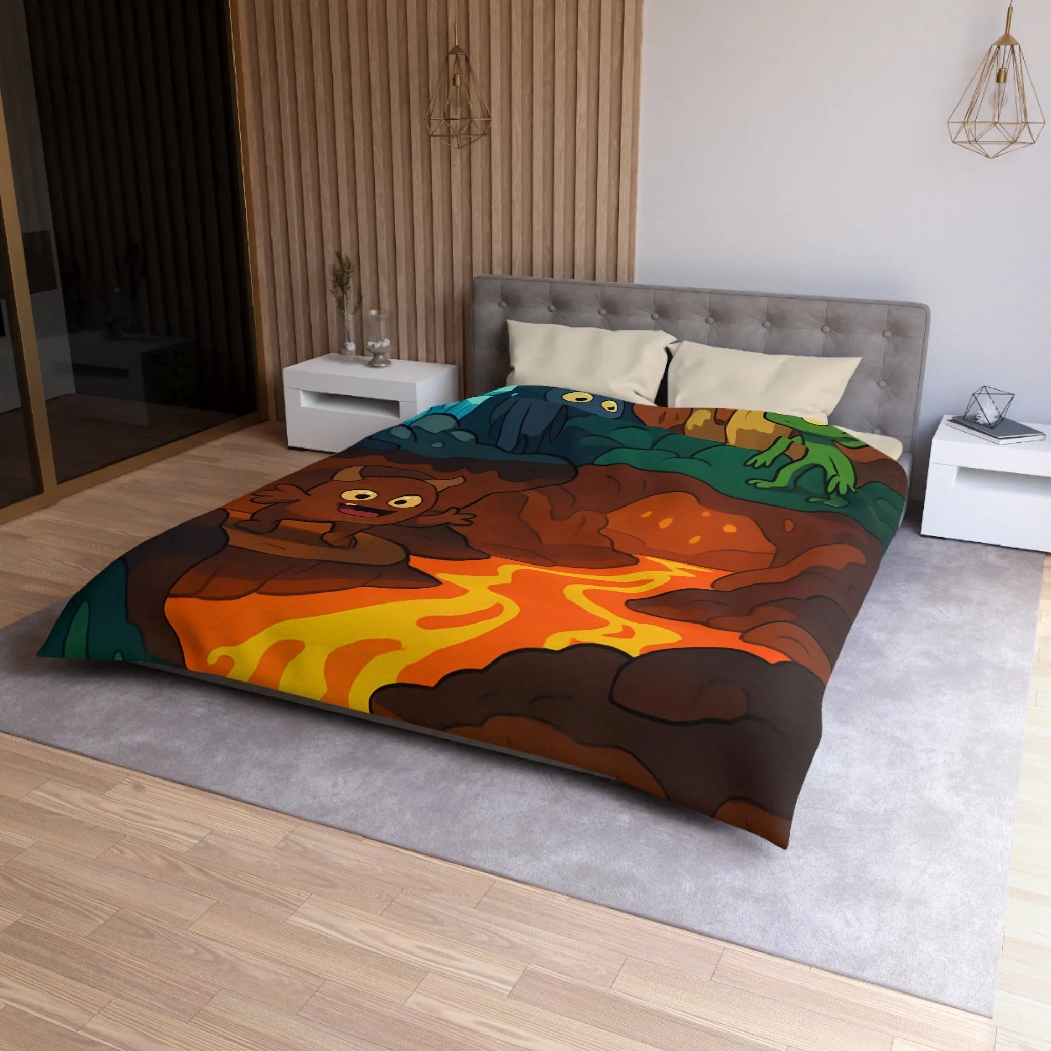 Housse de Couette Enfant Paradis Souterrain Magique avec Créatures Mystiques et Cristaux Lumineux