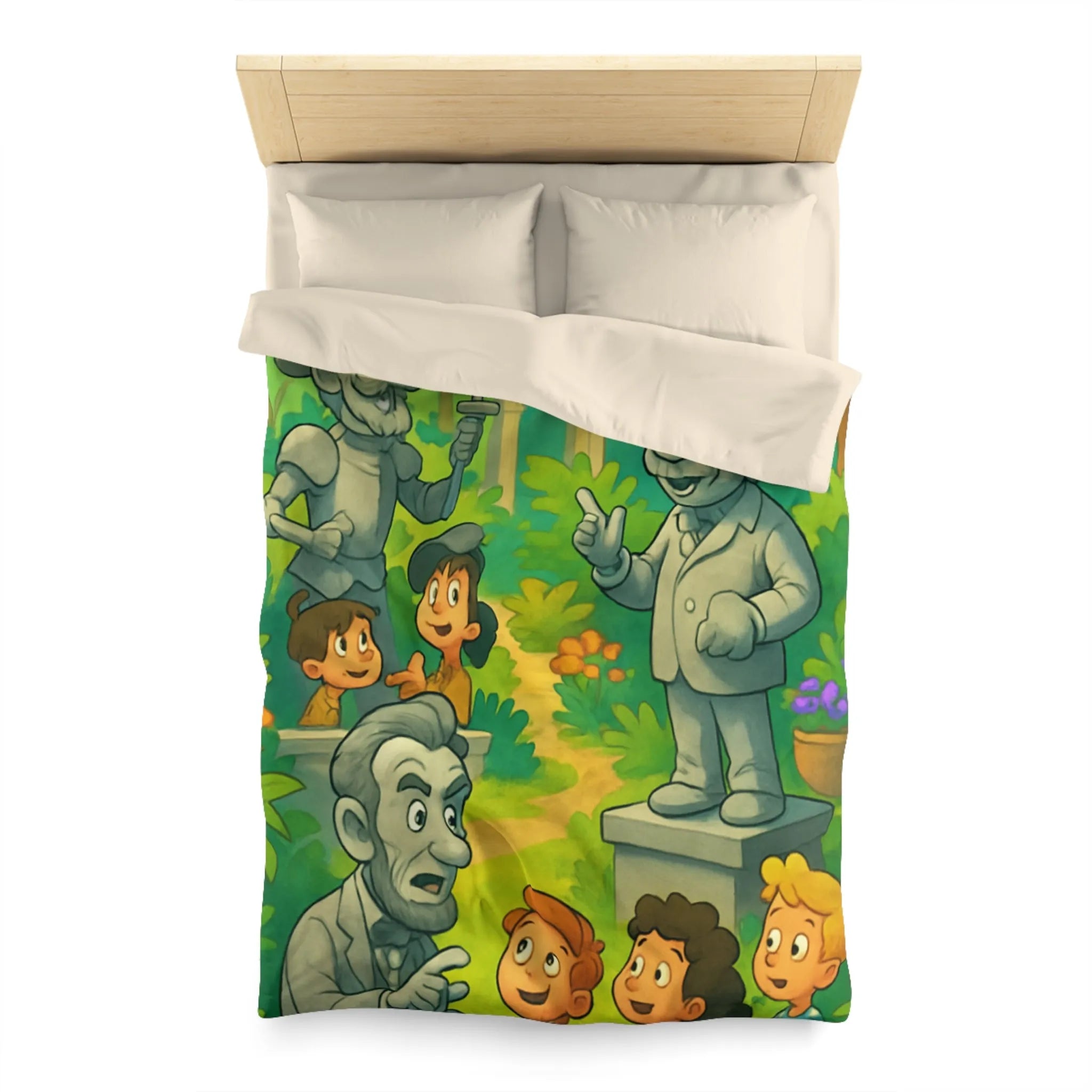 Housse de couette illustrée avec personnages historiques et enfants dans un jardin coloré