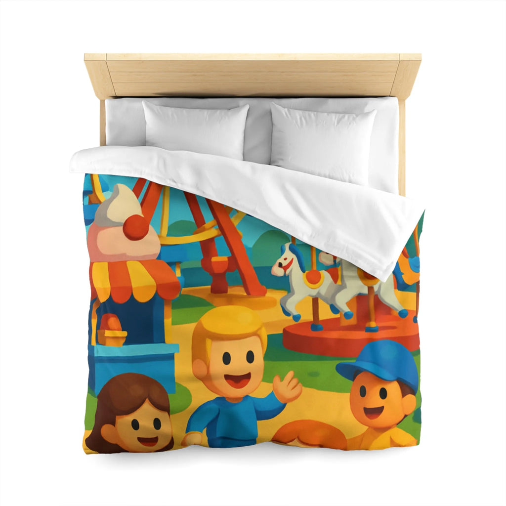 Housse de couette joyeuse avec motifs de fête foraine colorée et enfants souriants