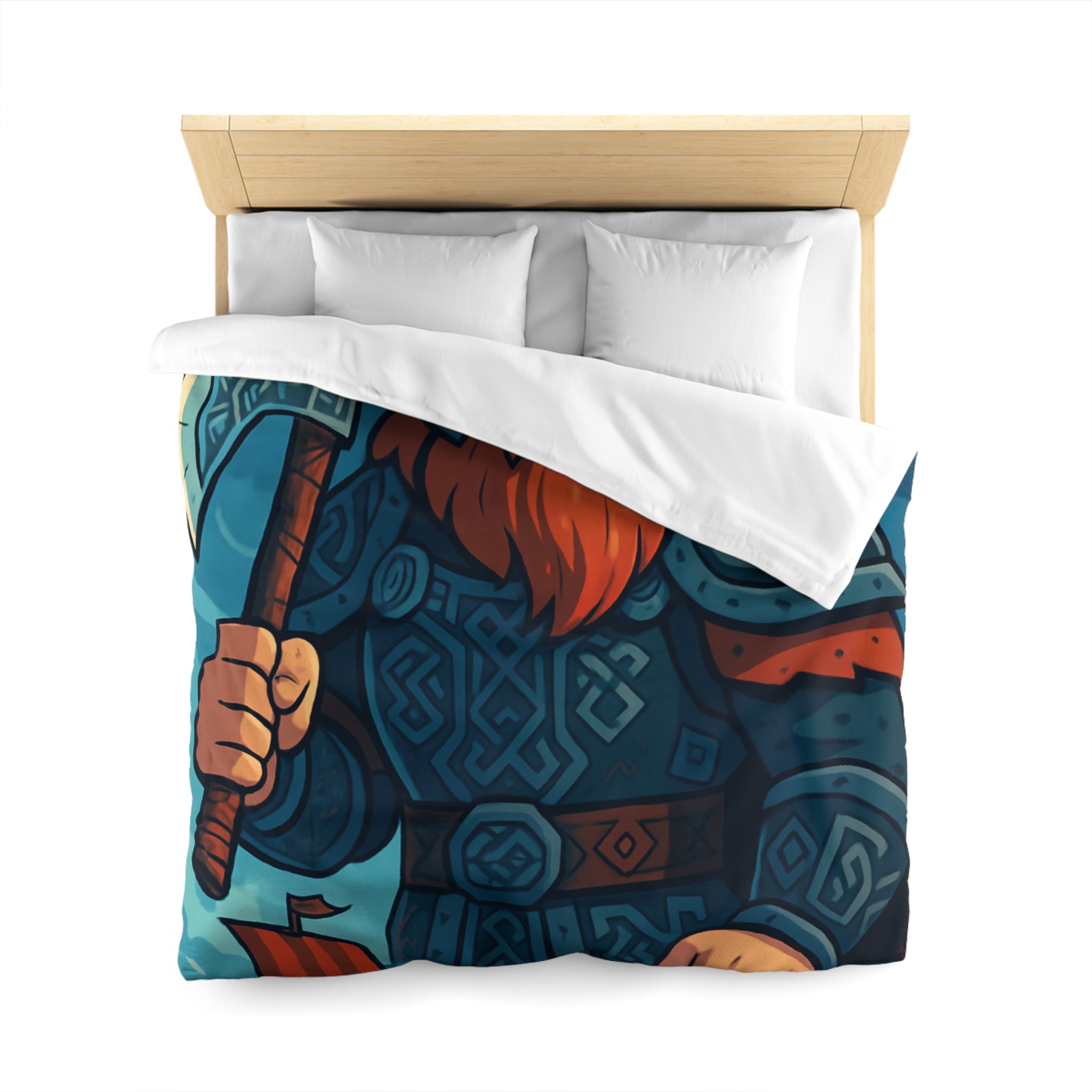 Housse de Couette Viking Illustrée avec Guerrier et Drakkar sur Fond Océan Tempétueux