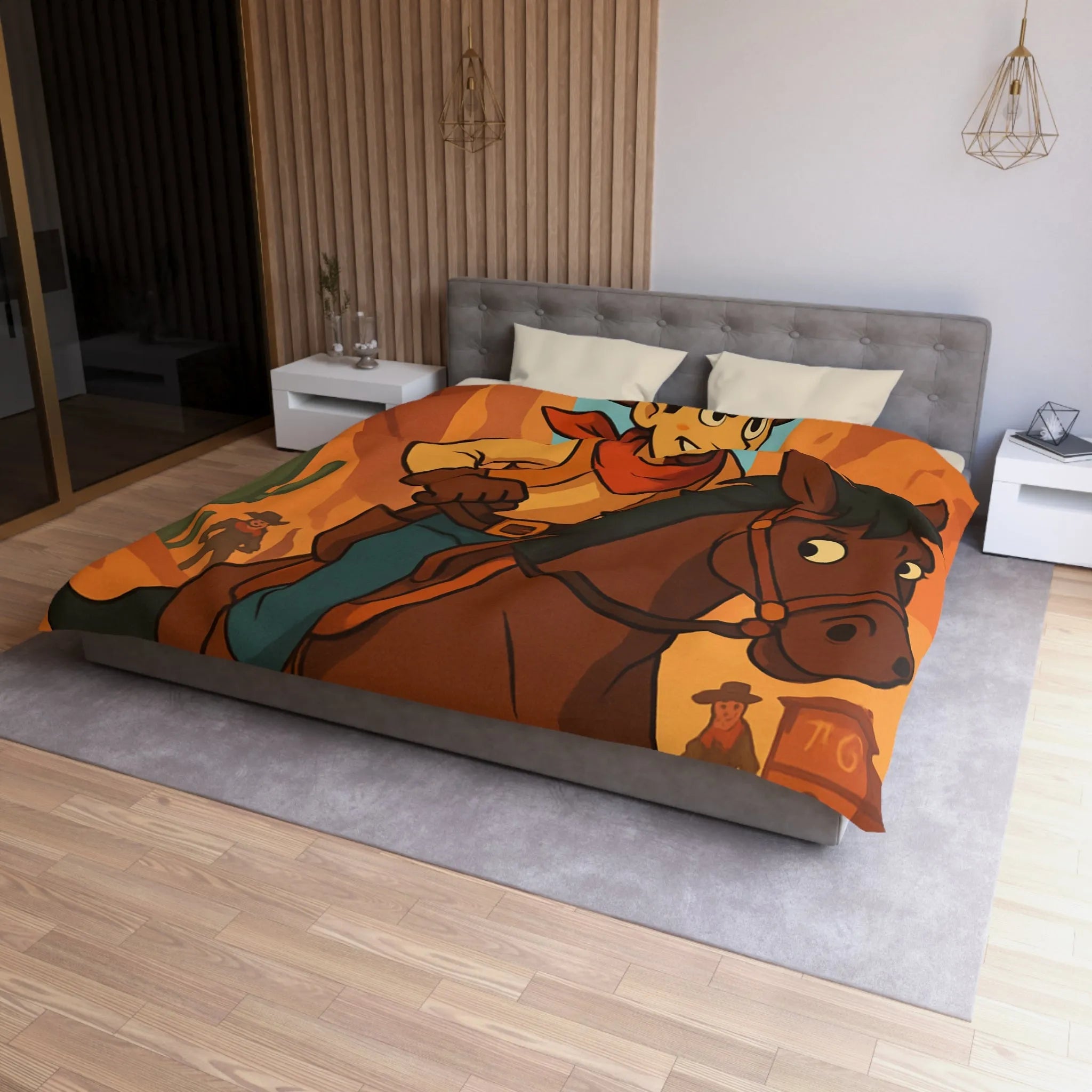 Housse de couette avec cavalier de dessin animé dans paysage désertique occidental