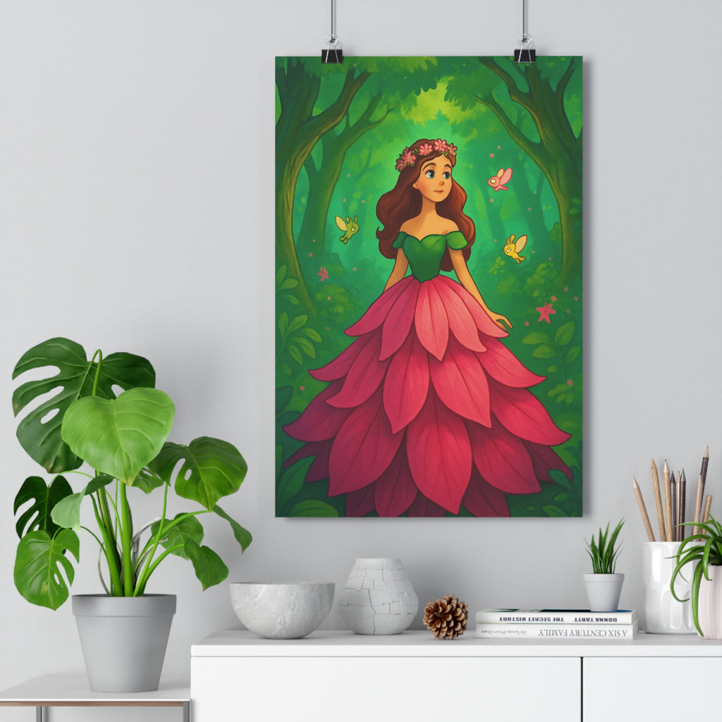 Poster décoratif floral féerique vert rose cartoon fantaisie chambre enfant salon nature magique vibrant