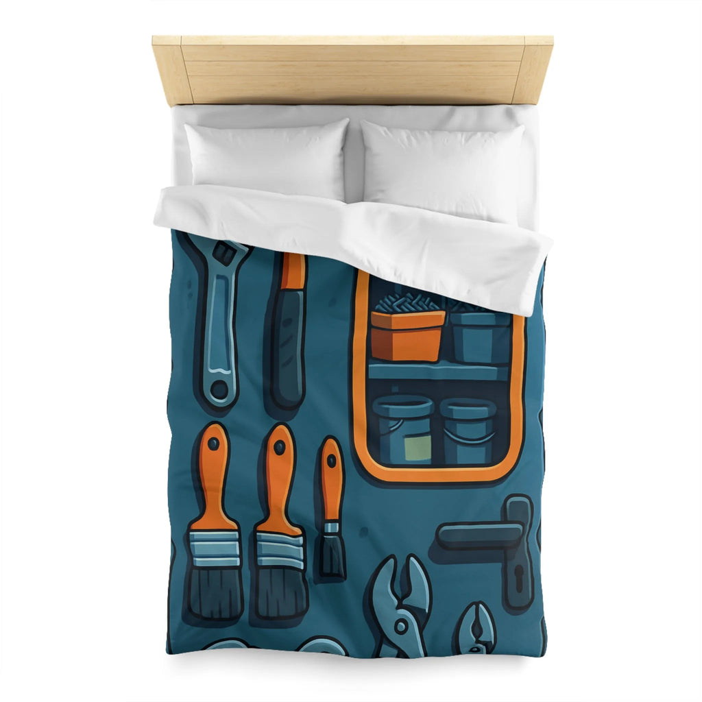 Housse de couette bleue avec outils et étagères pour atelier créatif moderne