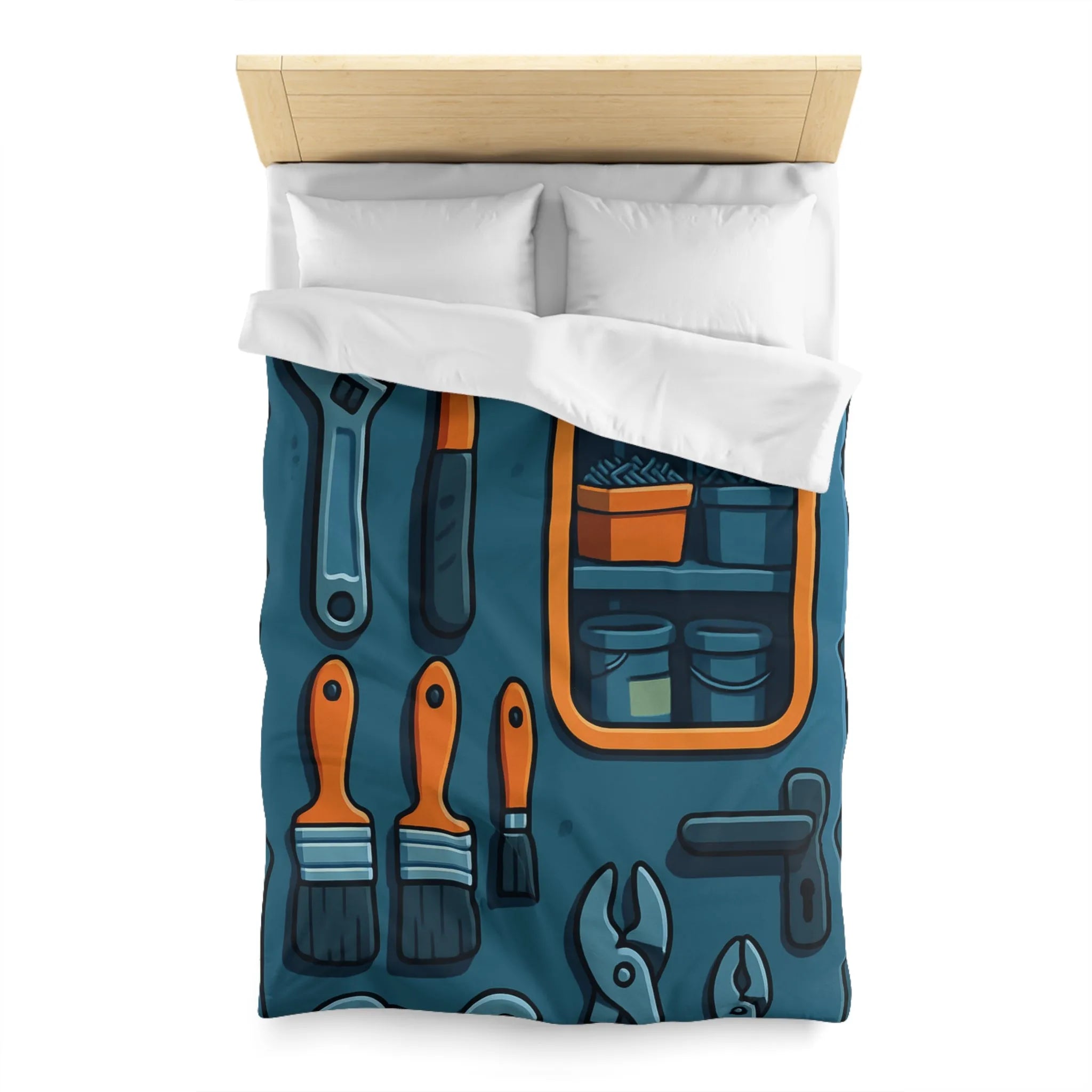 Housse de couette bleue avec outils et étagères pour atelier créatif moderne