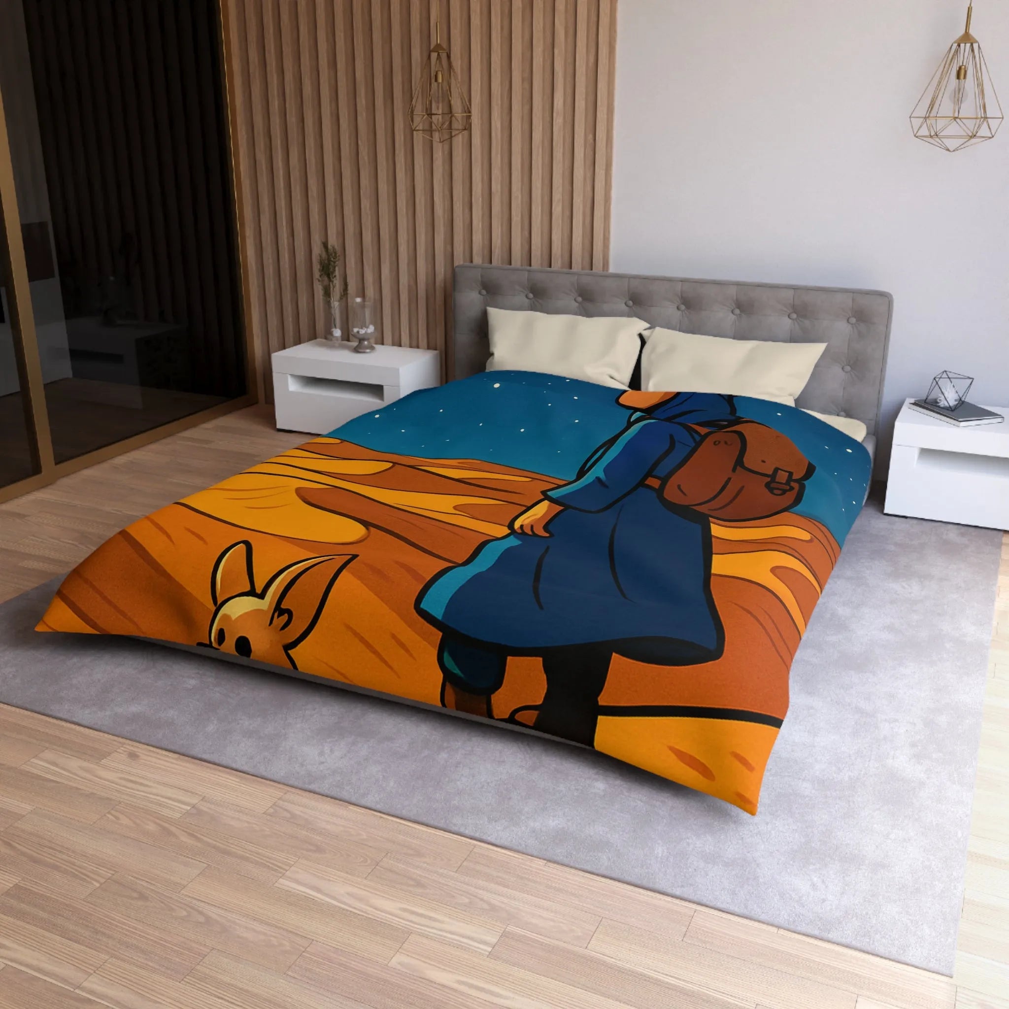 Housse de Couette Désert Nocturne Nomade Bleu Étoilé et Renard des Sables Enchanté