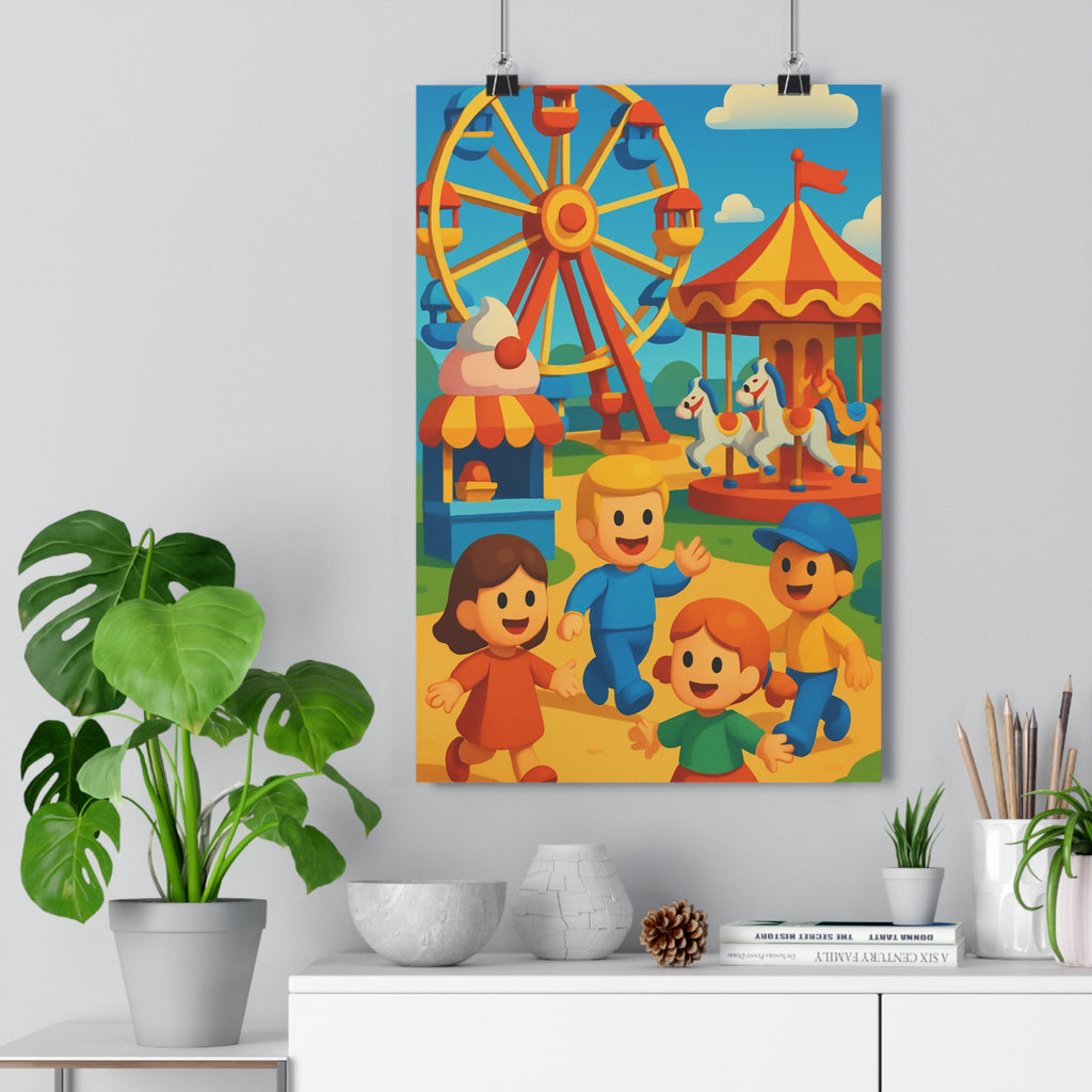 Poster décoratif cartoon coloré bleu rouge jaune enfants chambre joyeux ludique aventures parc attractions