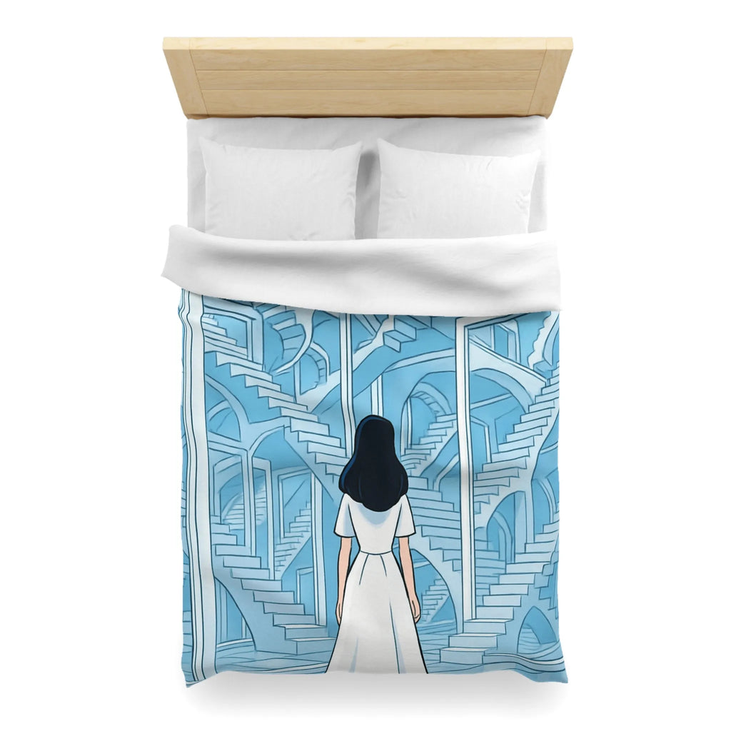 Housse de couette escalier infini en bleu avec femme en robe blanche contemporaine