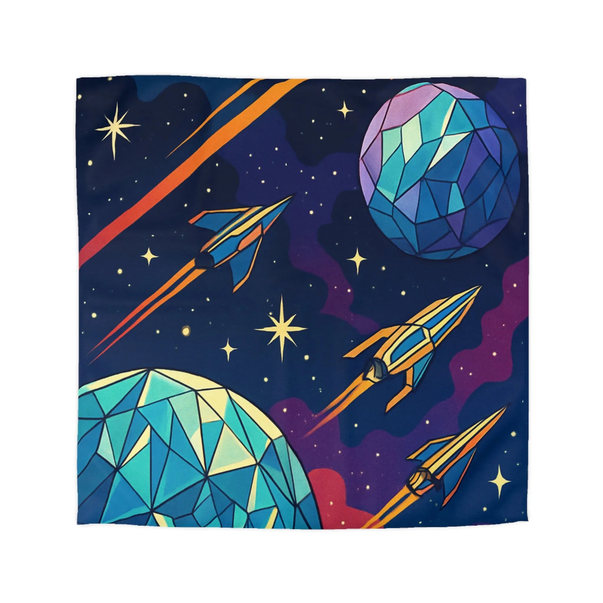 Housse de couette galactique colorée avec fusées et planètes polygonales pour décoration moderne