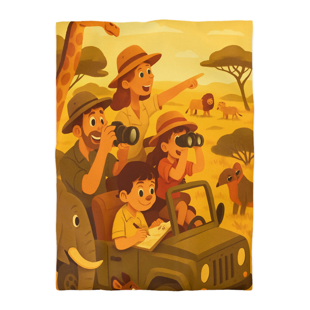 Housse de couette safari animalier avec paysage savane et jeep familiale amusante