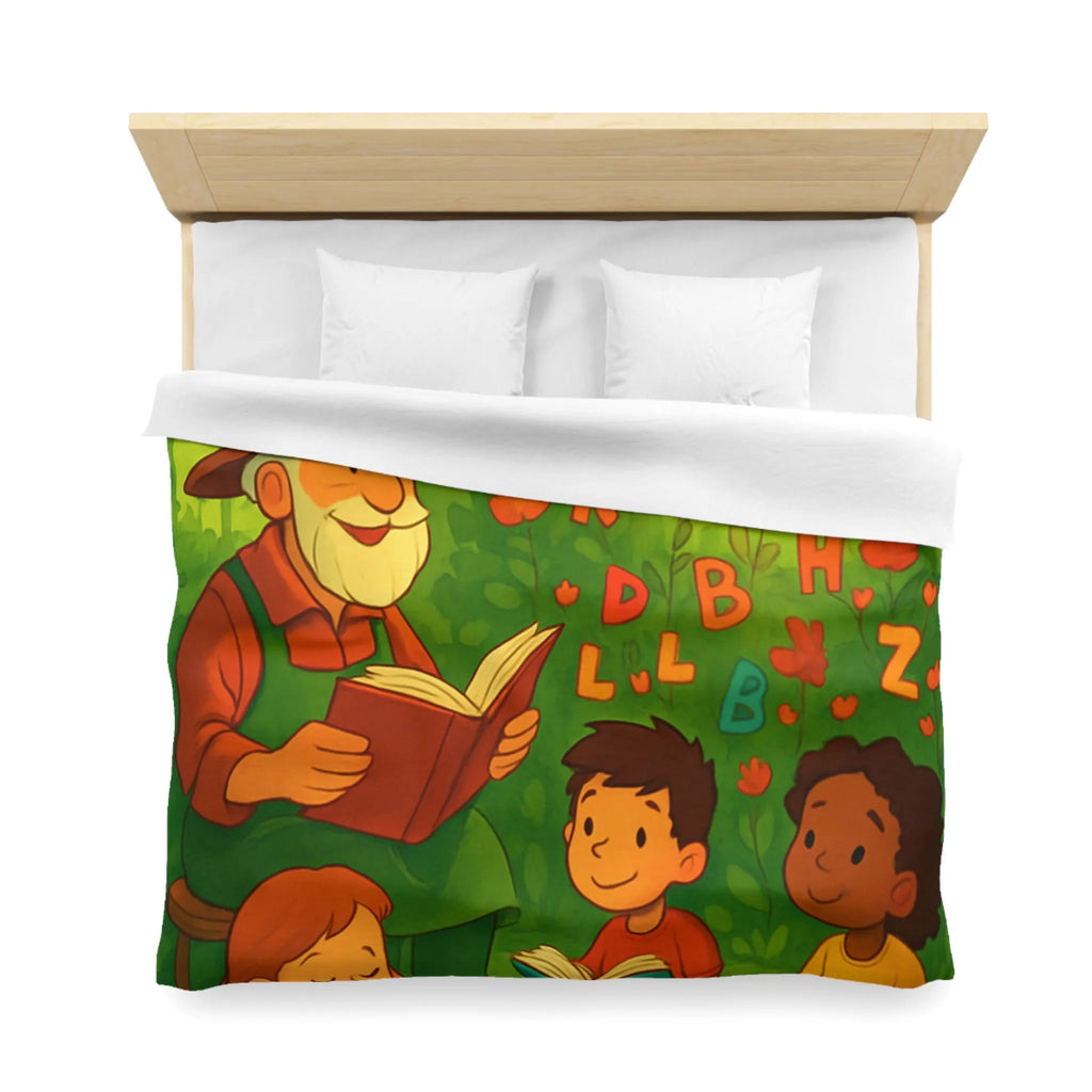 Housse de couette éducative avec scène de lecture, papillons et nature verdoyante