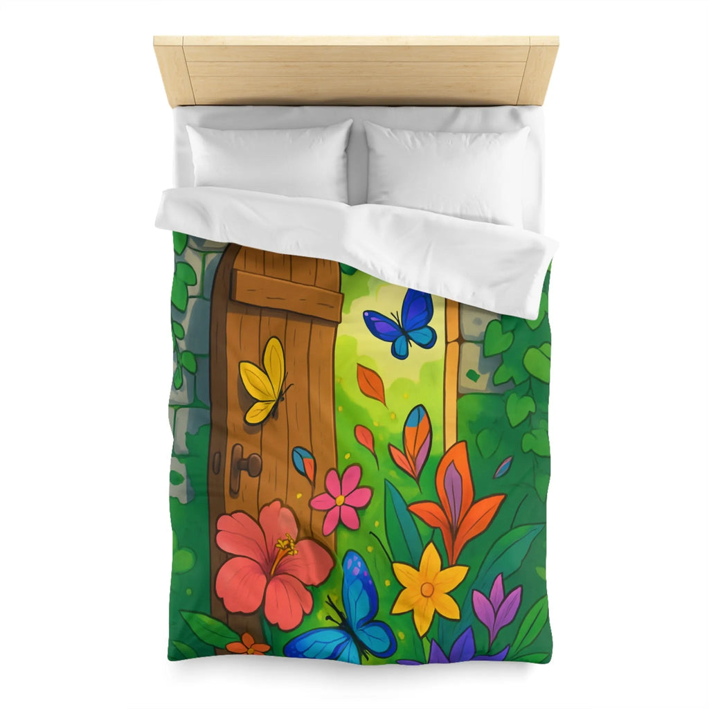 Housse de couette avec papillons colorés et fleurs devant porte de jardin enchanté