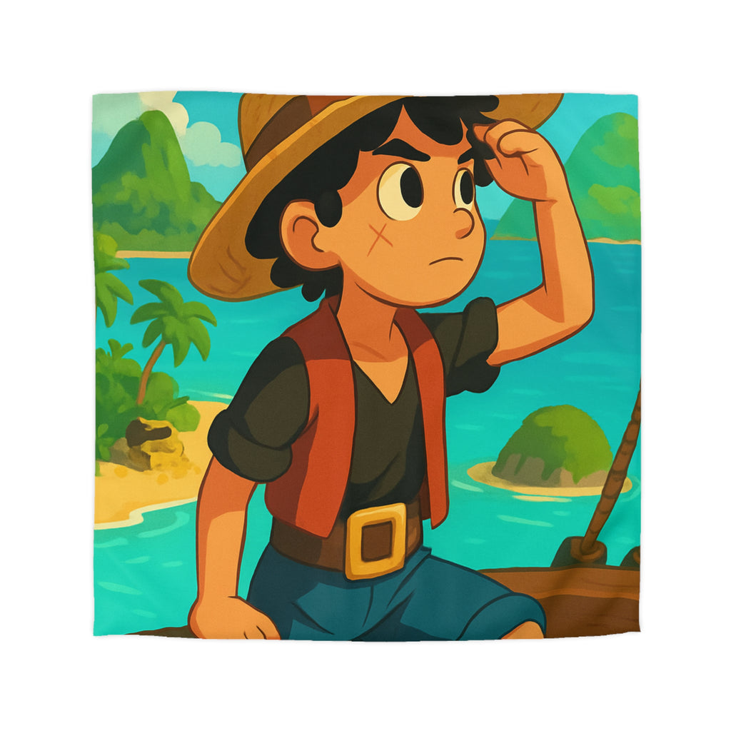 Housse de couette tropicale enfant avec pirate aventurier sur fond d'île paradisiaque