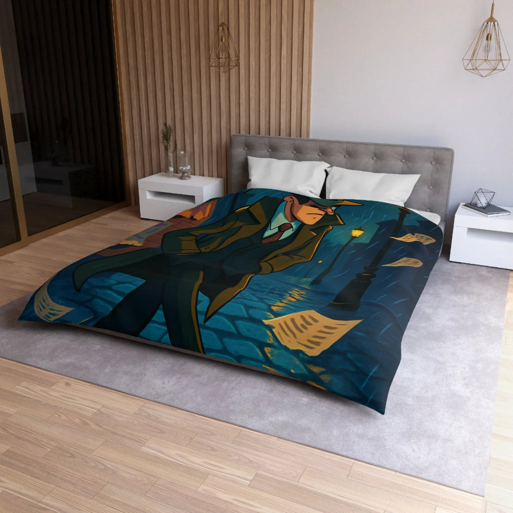 Housse de couette élégante avec détective mystérieux sous la pluie pour ambiance rétro