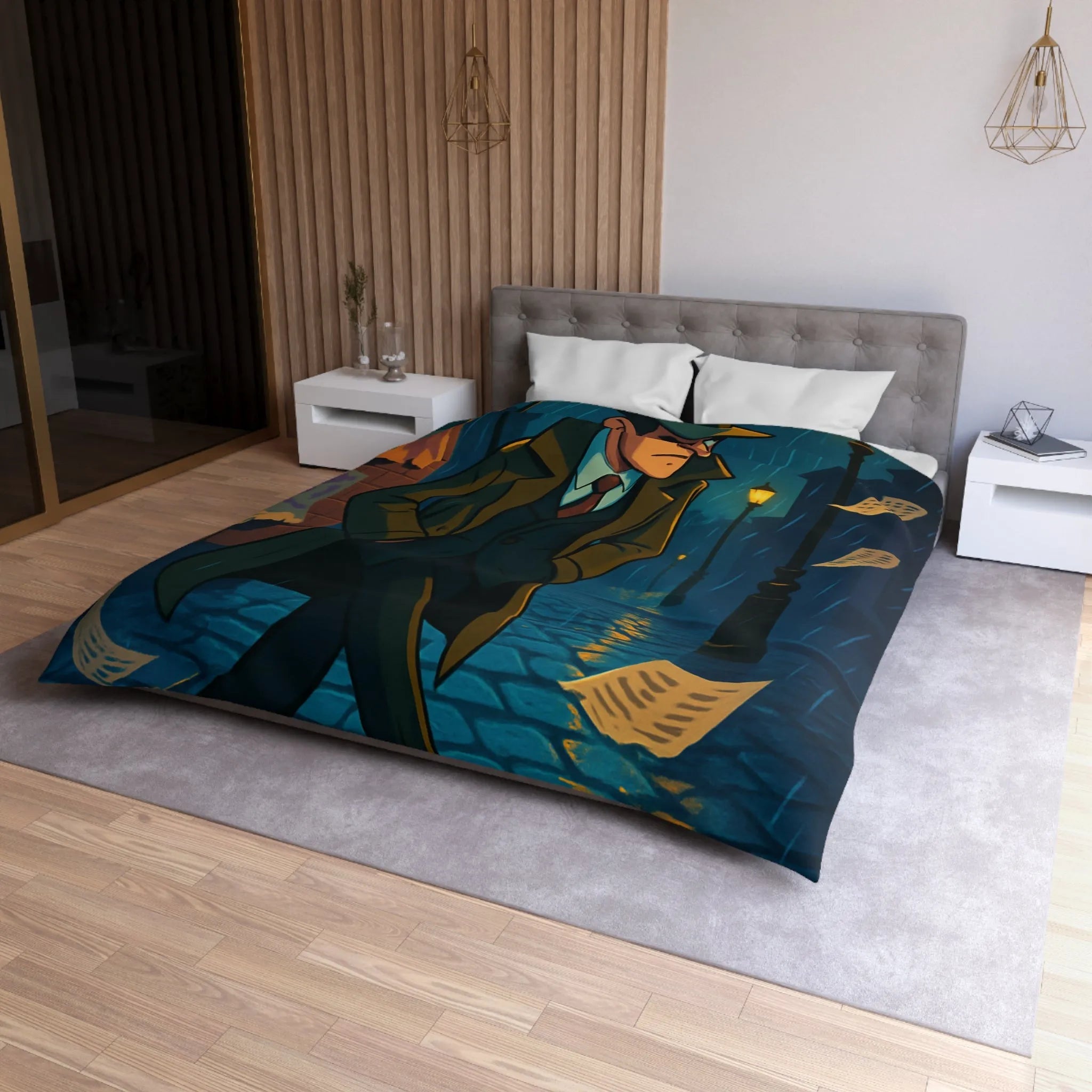 Housse de couette élégante avec détective mystérieux sous la pluie pour ambiance rétro