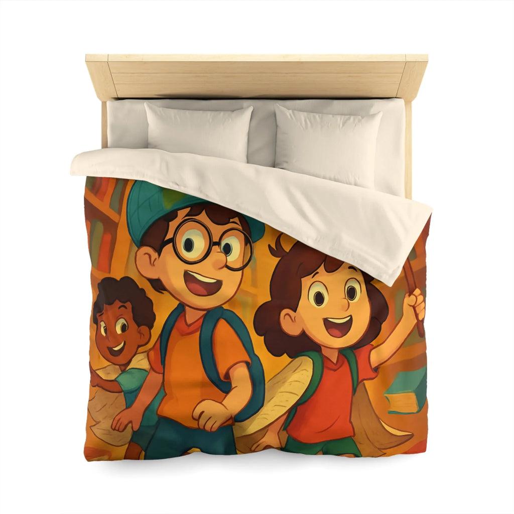 Housse de couette magique avec enfants explorant une bibliothèque enchantée et livres volants