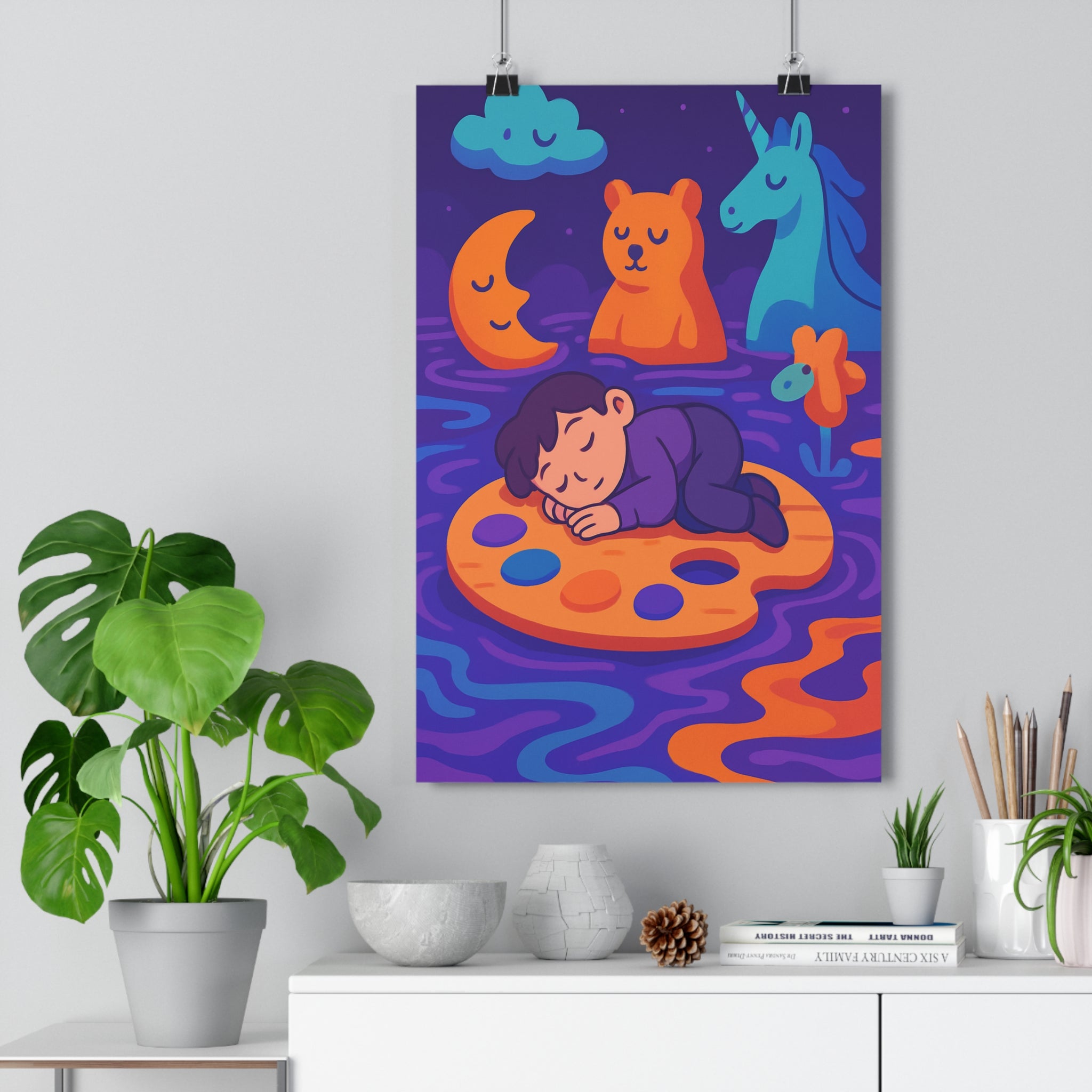 Poster décoratif coloré enfant chambre magique violet orange bleu rêveur imaginaire apaisant moderne unique