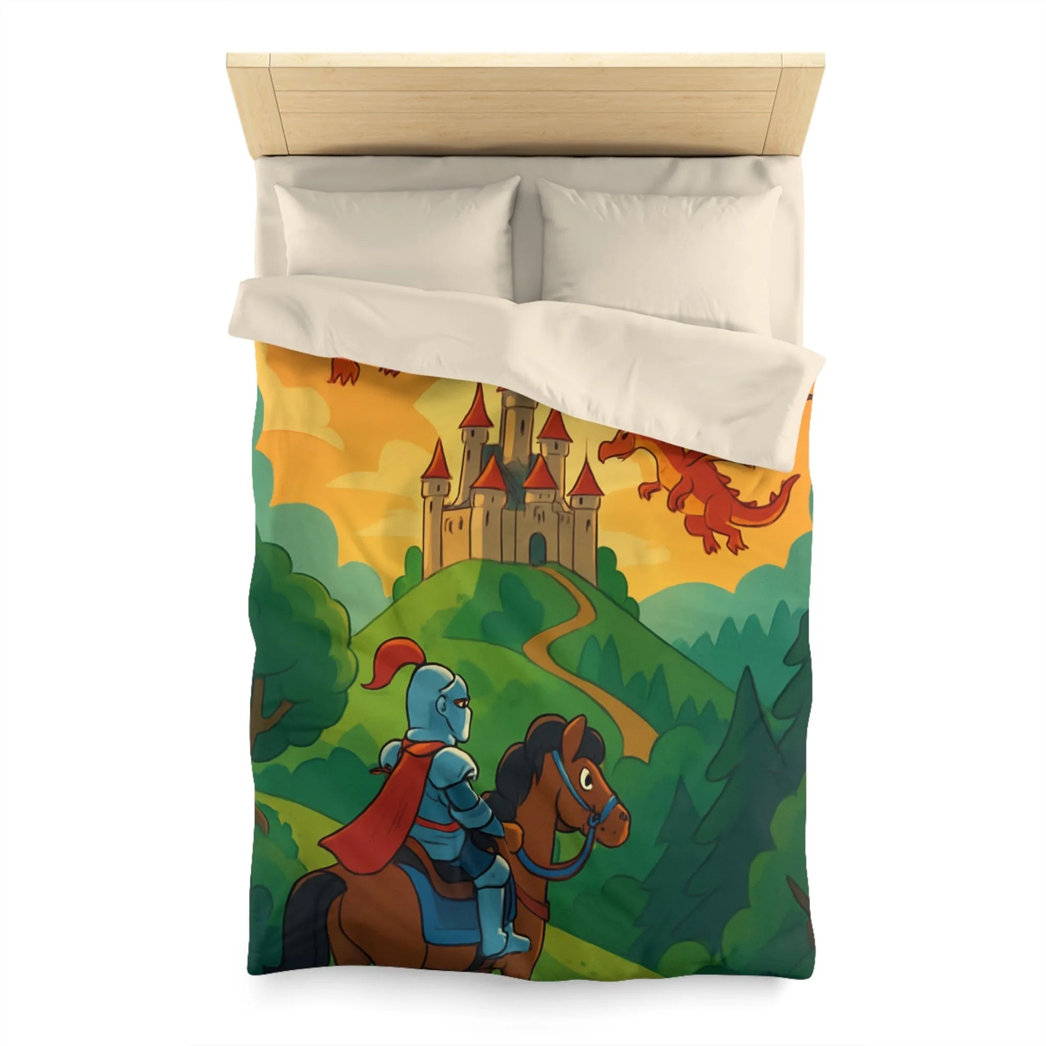 Housse de couette chevalier et dragons colorés pour chambre enfant thème aventure magique