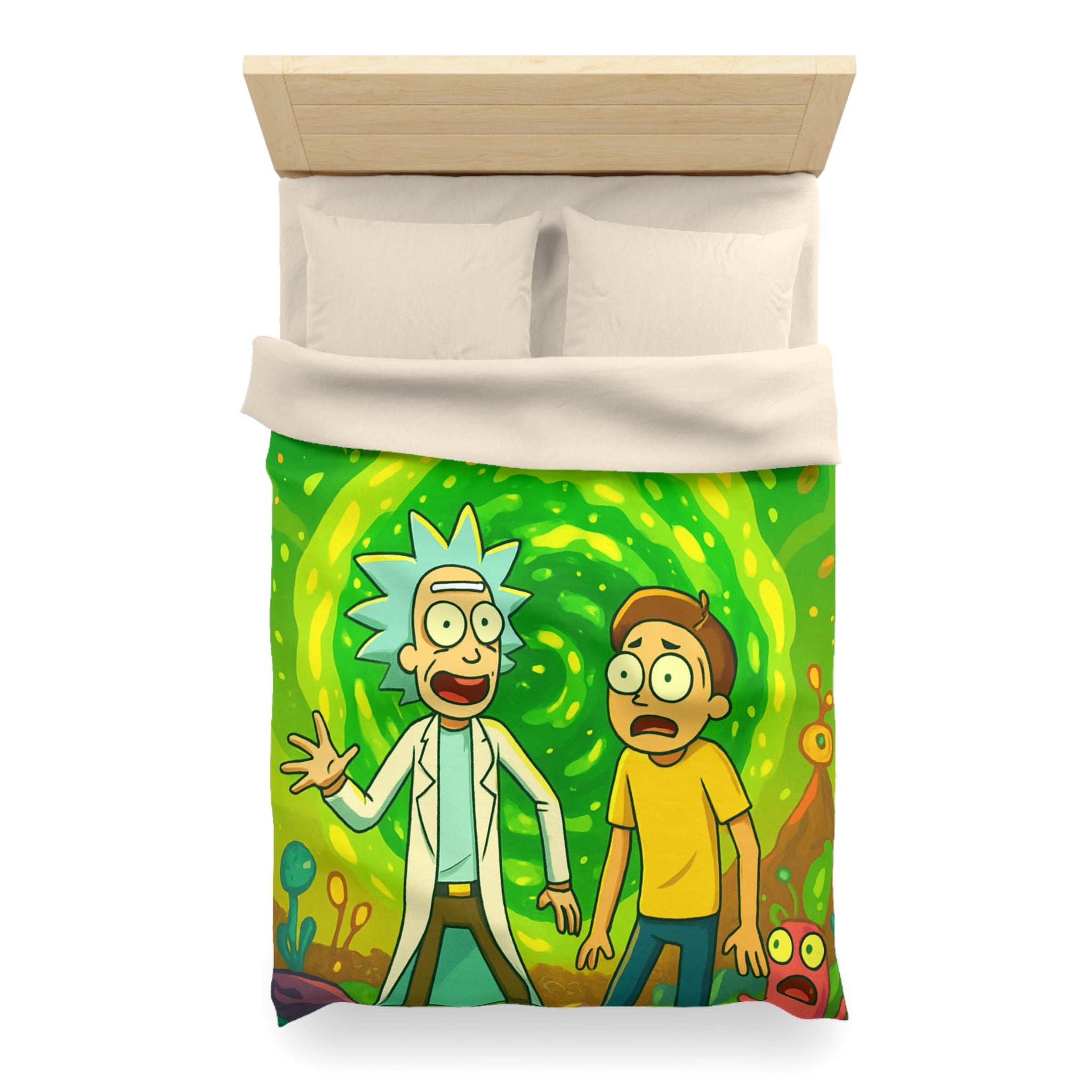 Housse de couette thème dimension aventure verte avec duo explorateur et planète lumineuse