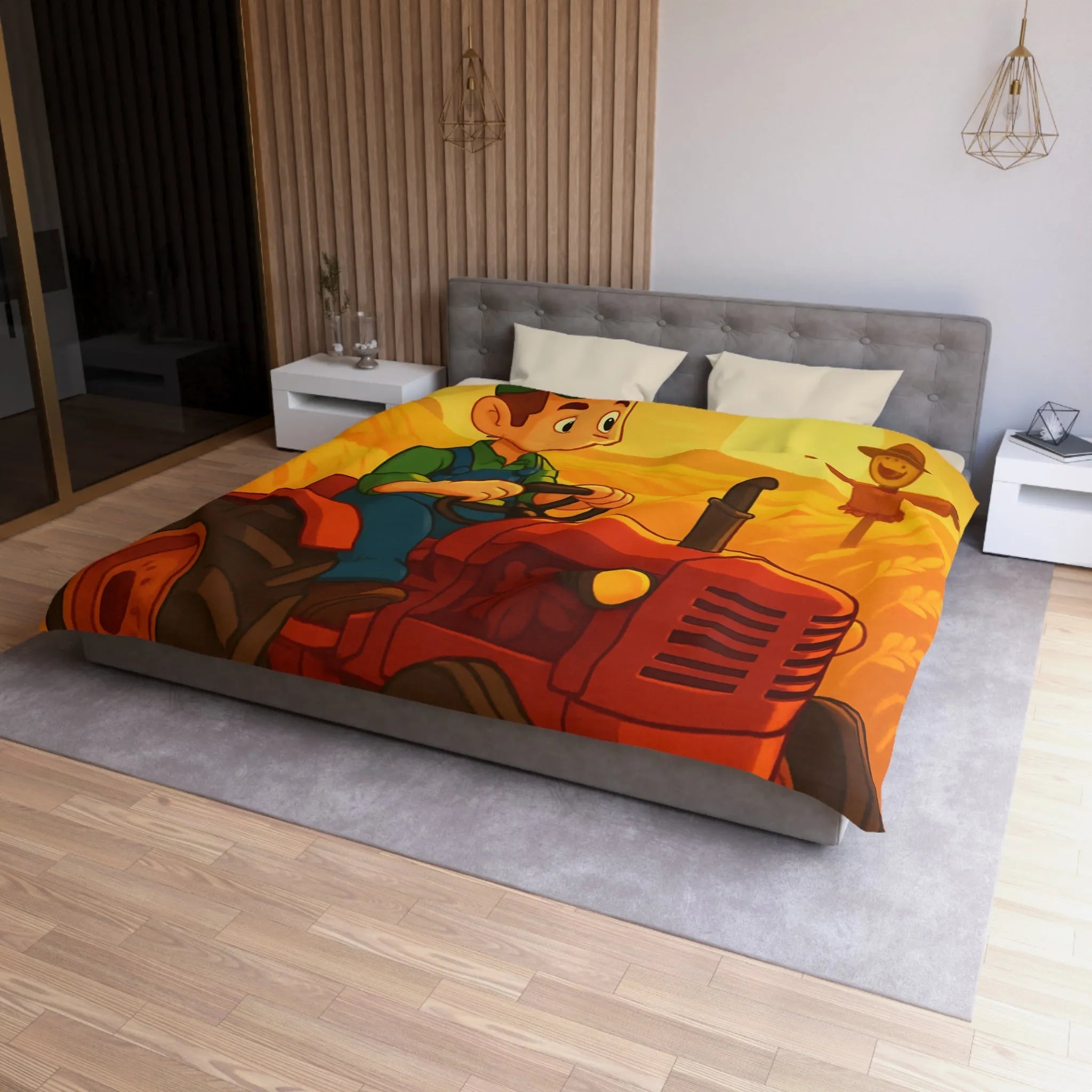 Housse de couette avec motif champêtre : tracteur, épouvantail et champ sous soleil couchant