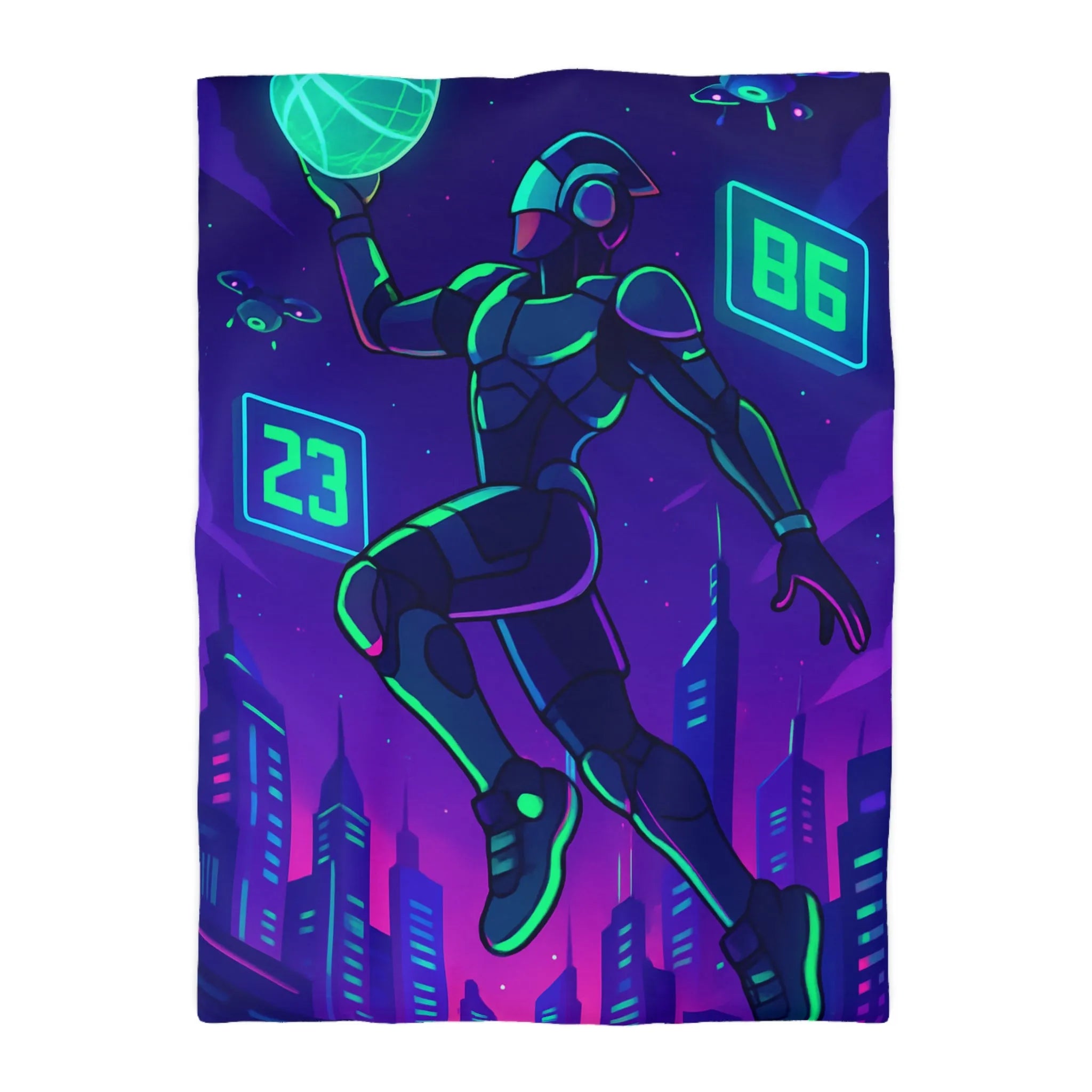 Housse de Couette Futuriste avec Robot Jouant au Basketball Lumineux dans Ville Néon