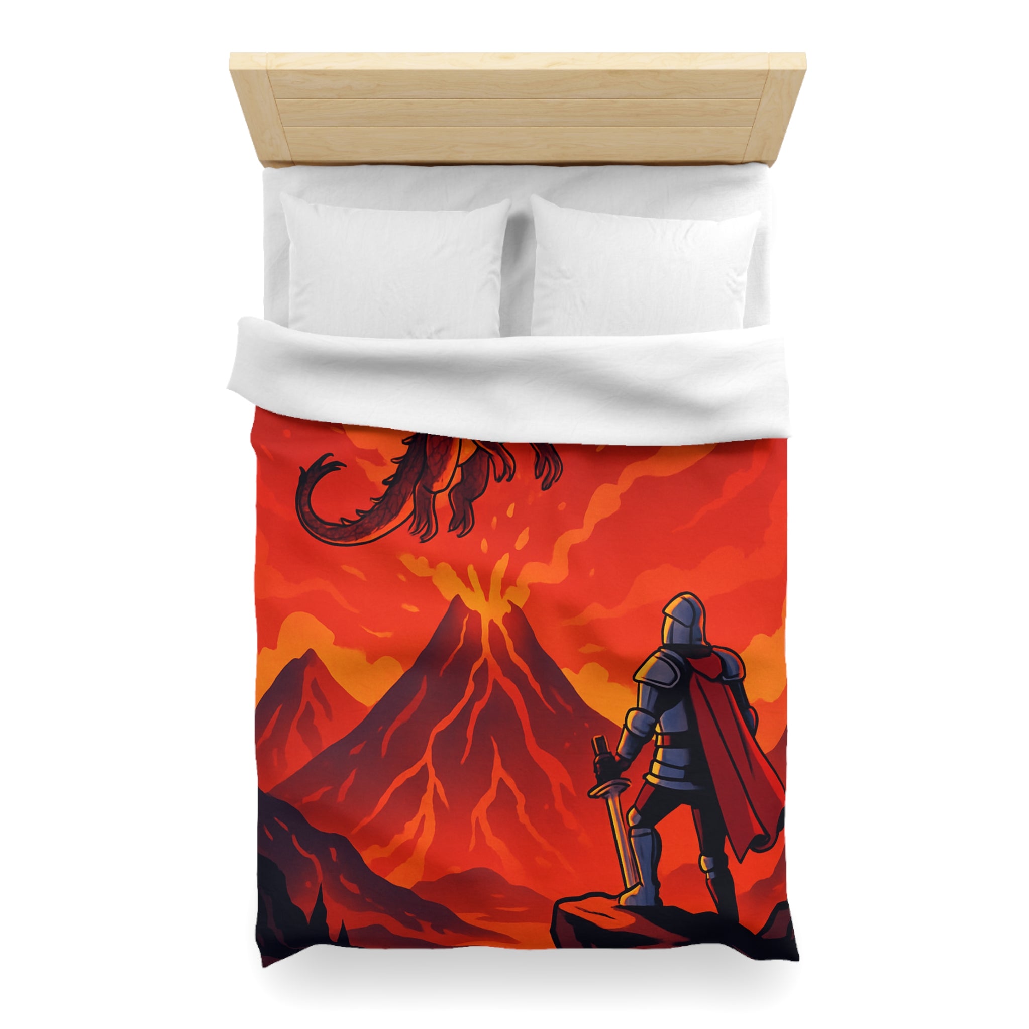 Imposant dragon rouge volant sur volcan en fusion, chevalier en armure contemplatif