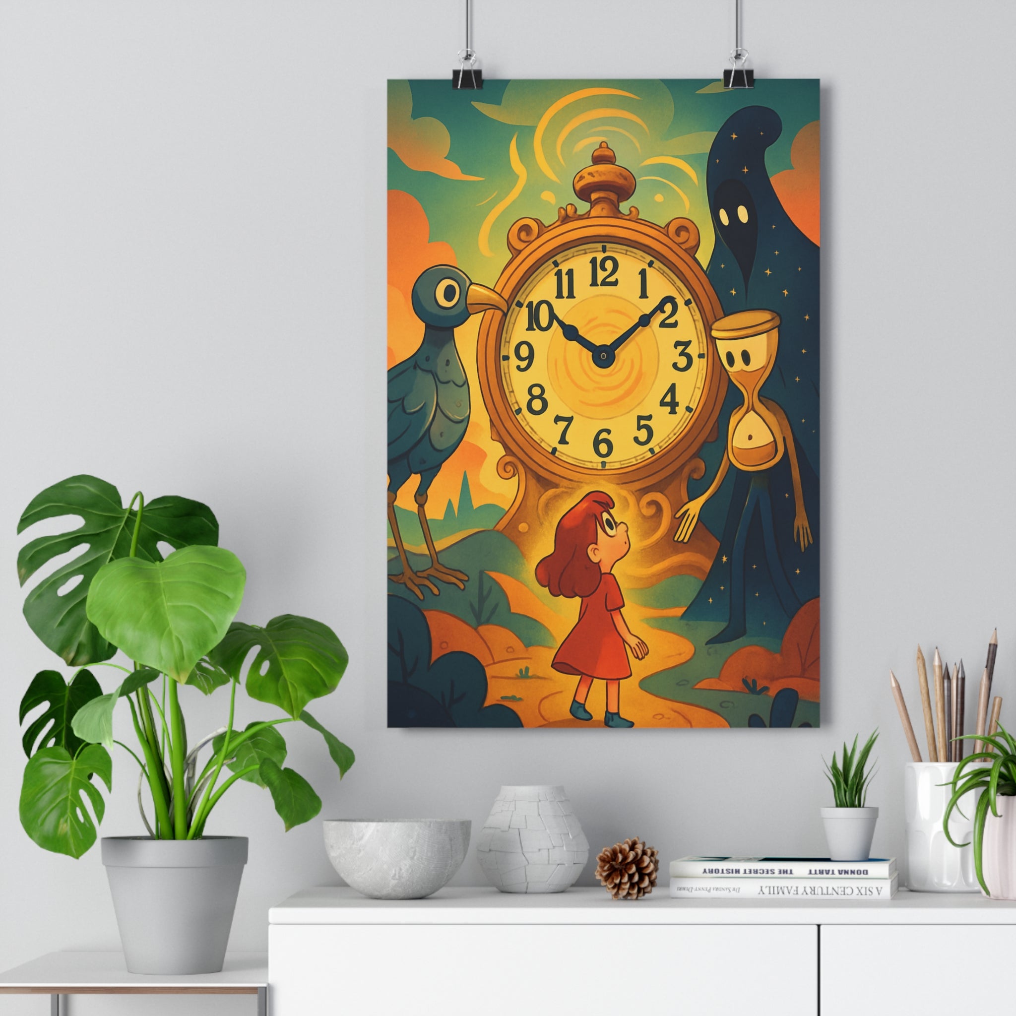Poster décoratif animé bleu rouge mystique chambre enfant horloge silhouette fascinant univers mystérieux qualité