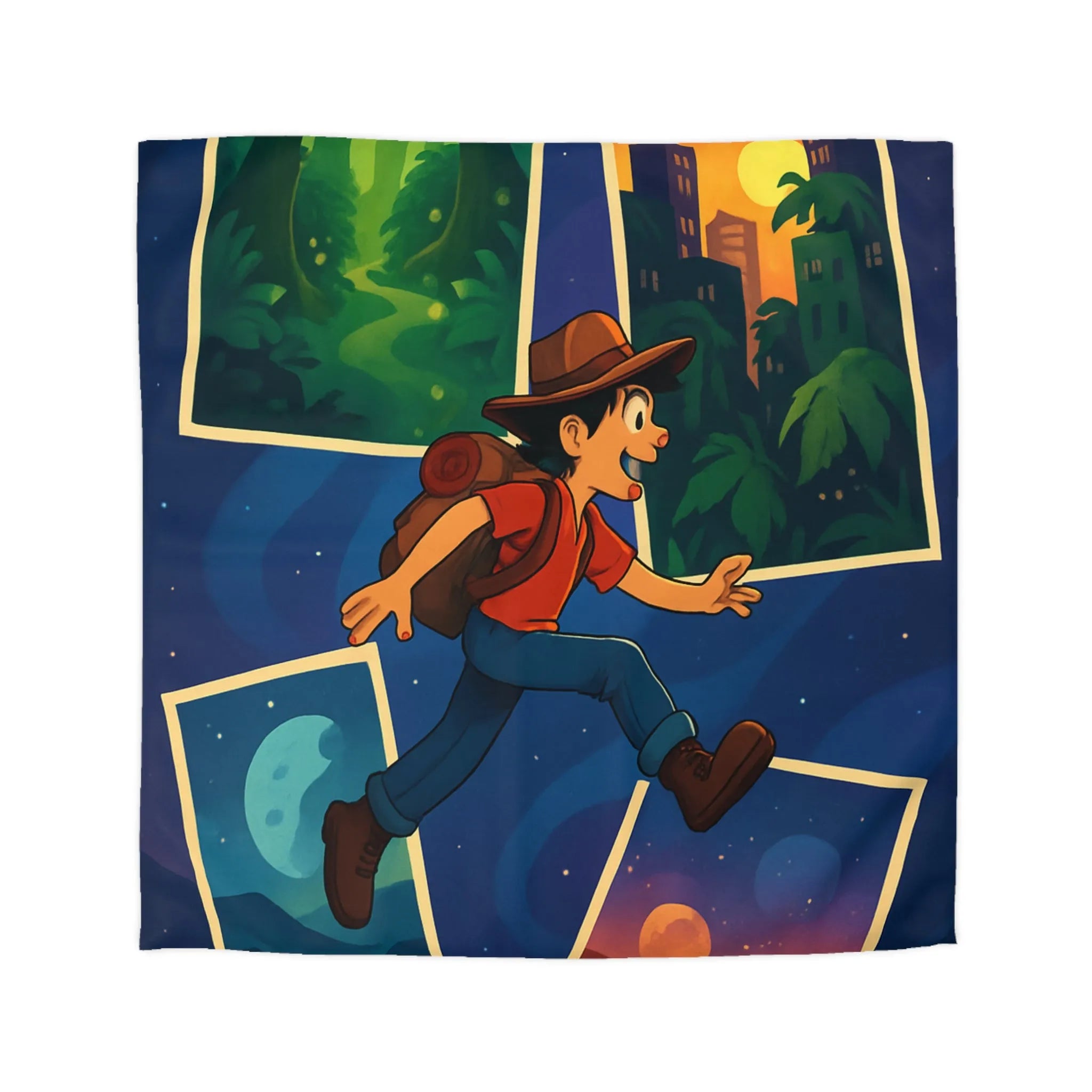 Housse de couette colorée avec illustrations d'aventure forêt, ville, désert, espace