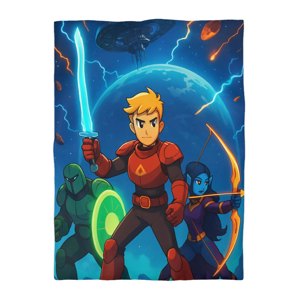 Housse de couette épique aventure galactique pour enfants avec héros et guerriers colorés