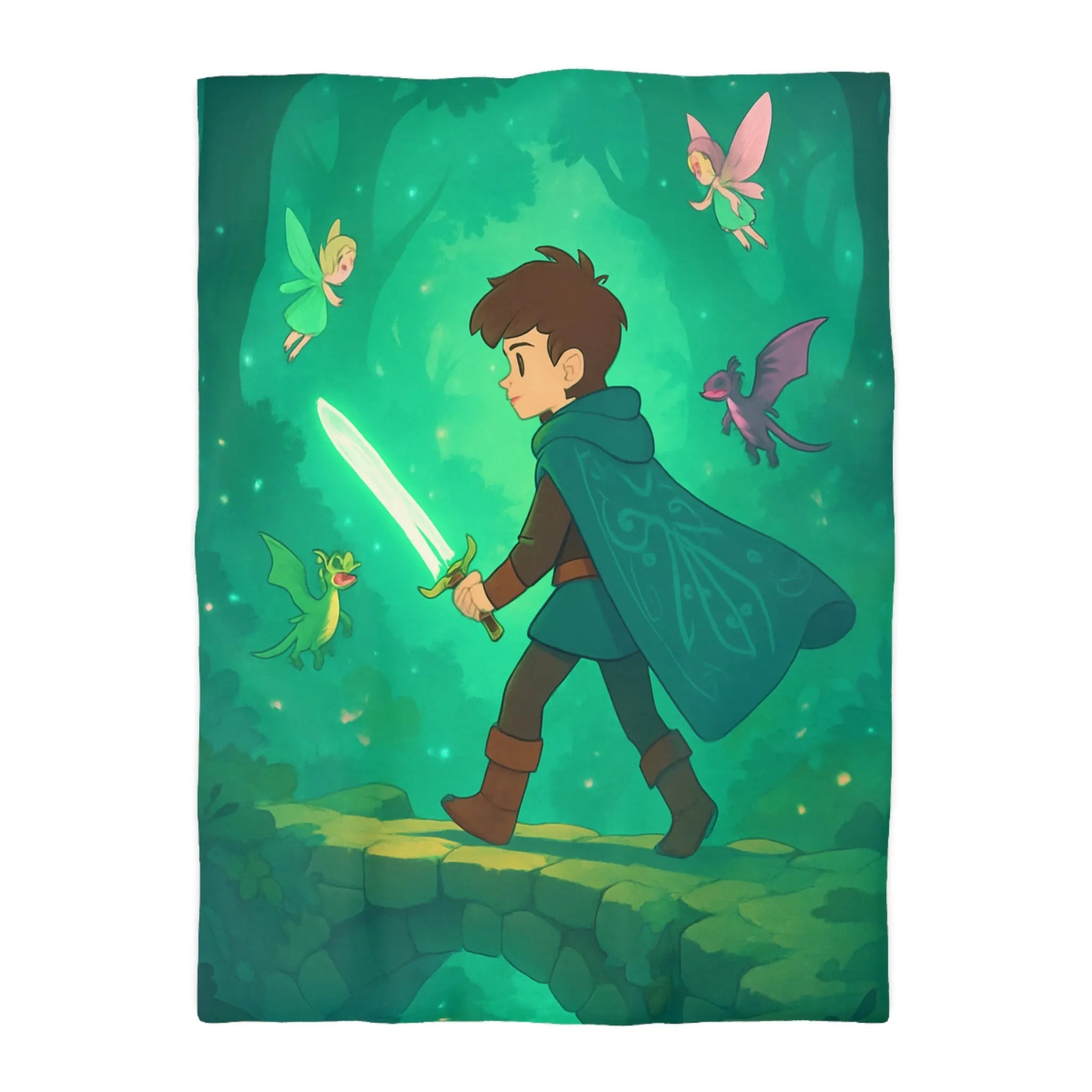 Housse de couette enfant magique avec épée lumineuse et créatures enchantées en forêt