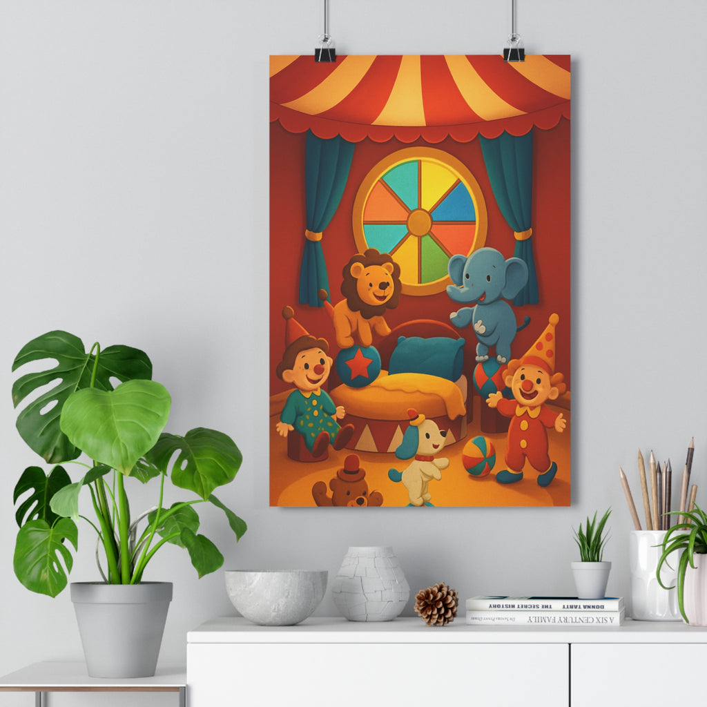 Poster décoratif cirque cartoon joyeux rouge jaune bleu enfant chambre ludique format 30x46 qualité
