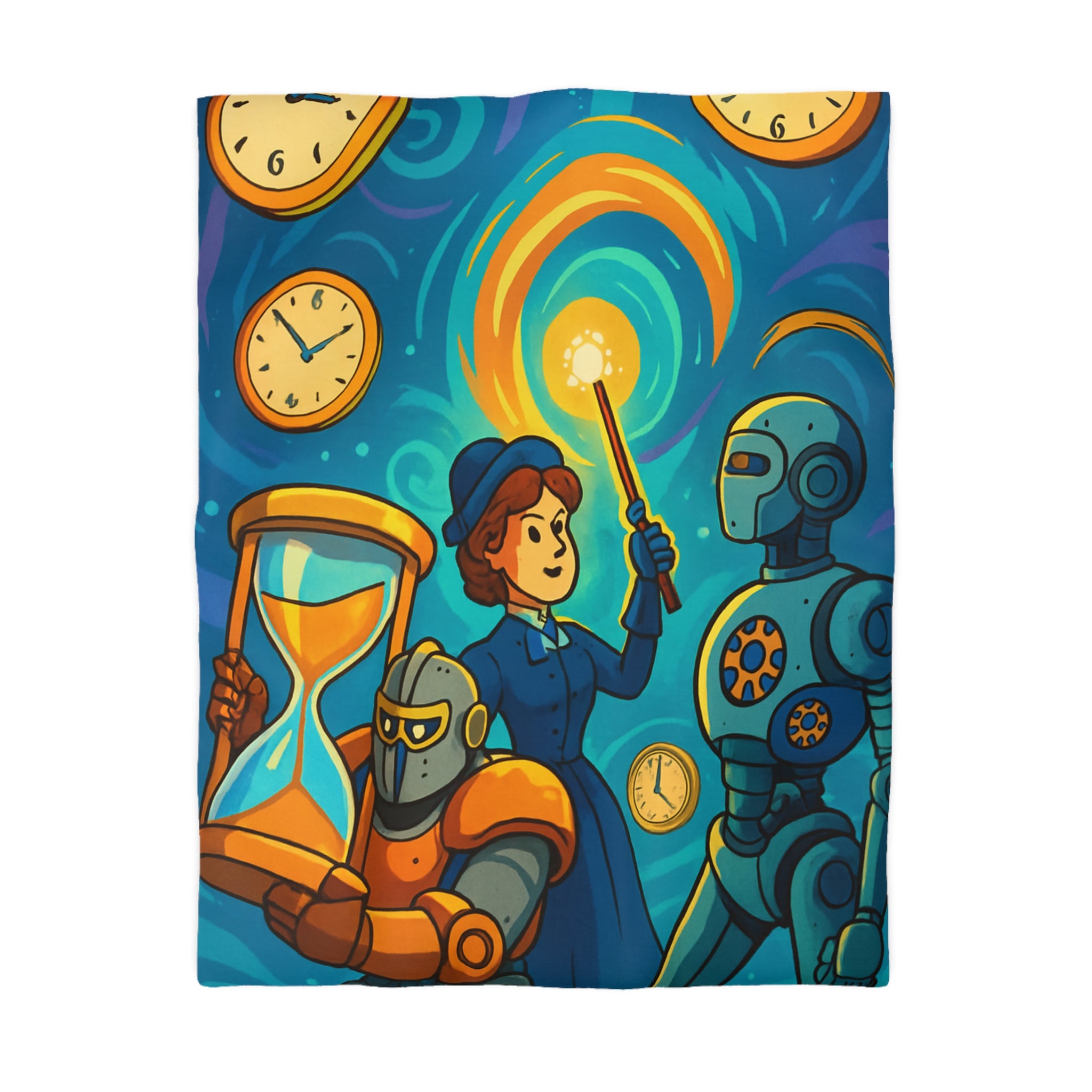 Housse de couette thème science fiction avec robots et horloges pour chambre moderne