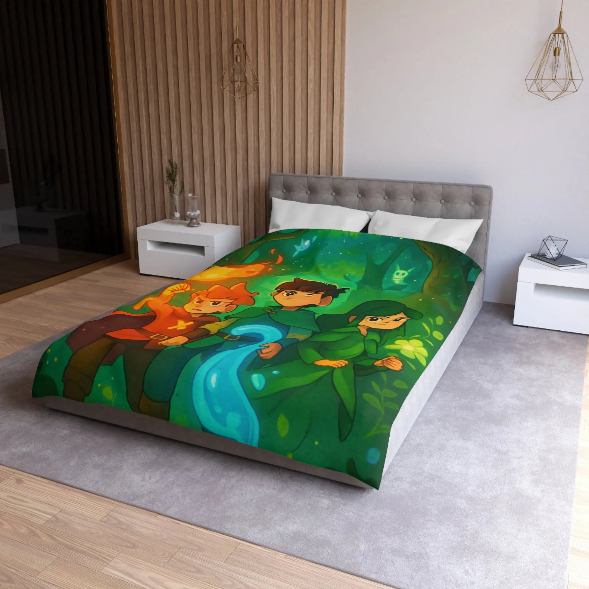 Housse de couette enchantée avec personnages magiques dans une forêt lumineuse et colorée