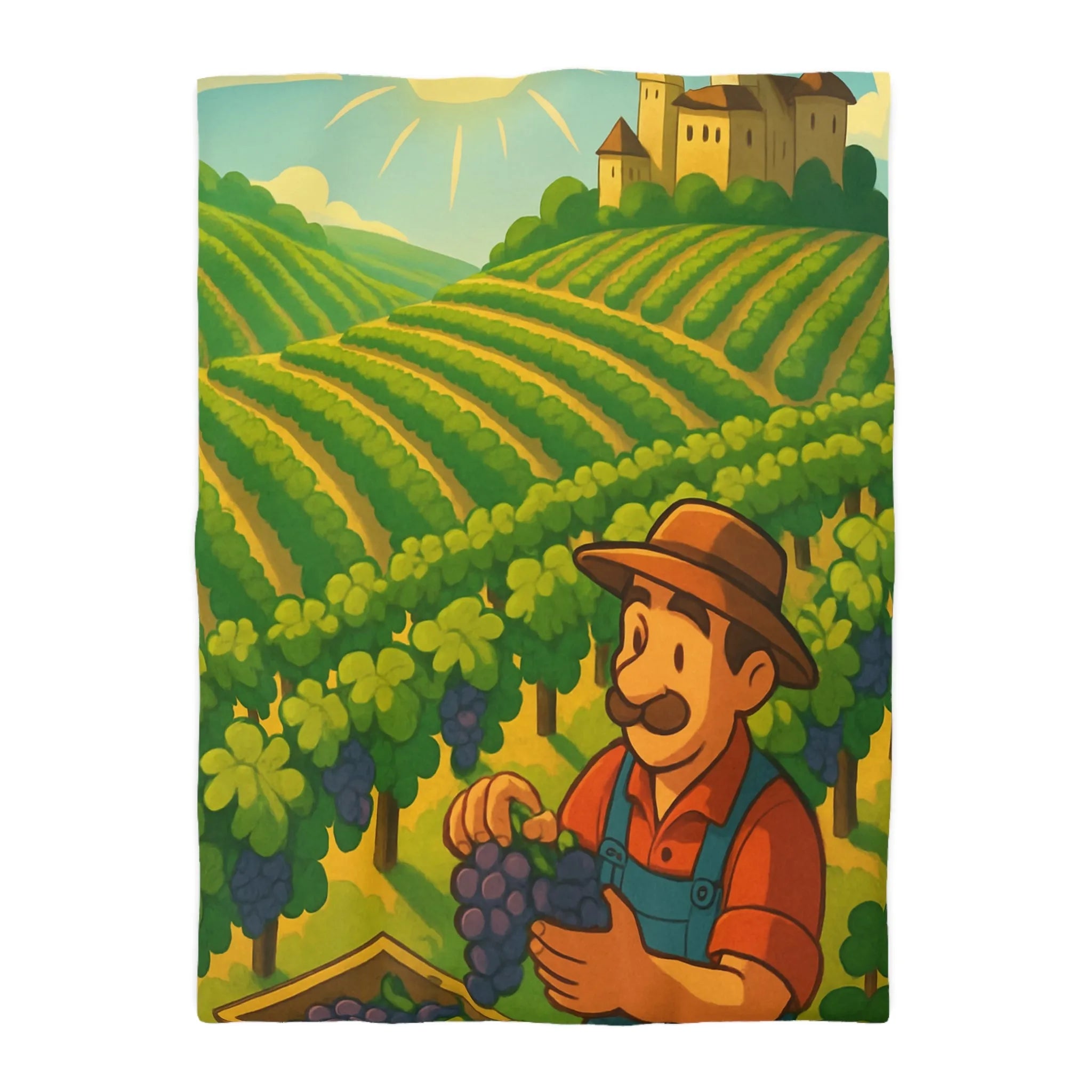 Housse de couette illustration de vendangeur dans un vignoble éclairé par soleil radieux
