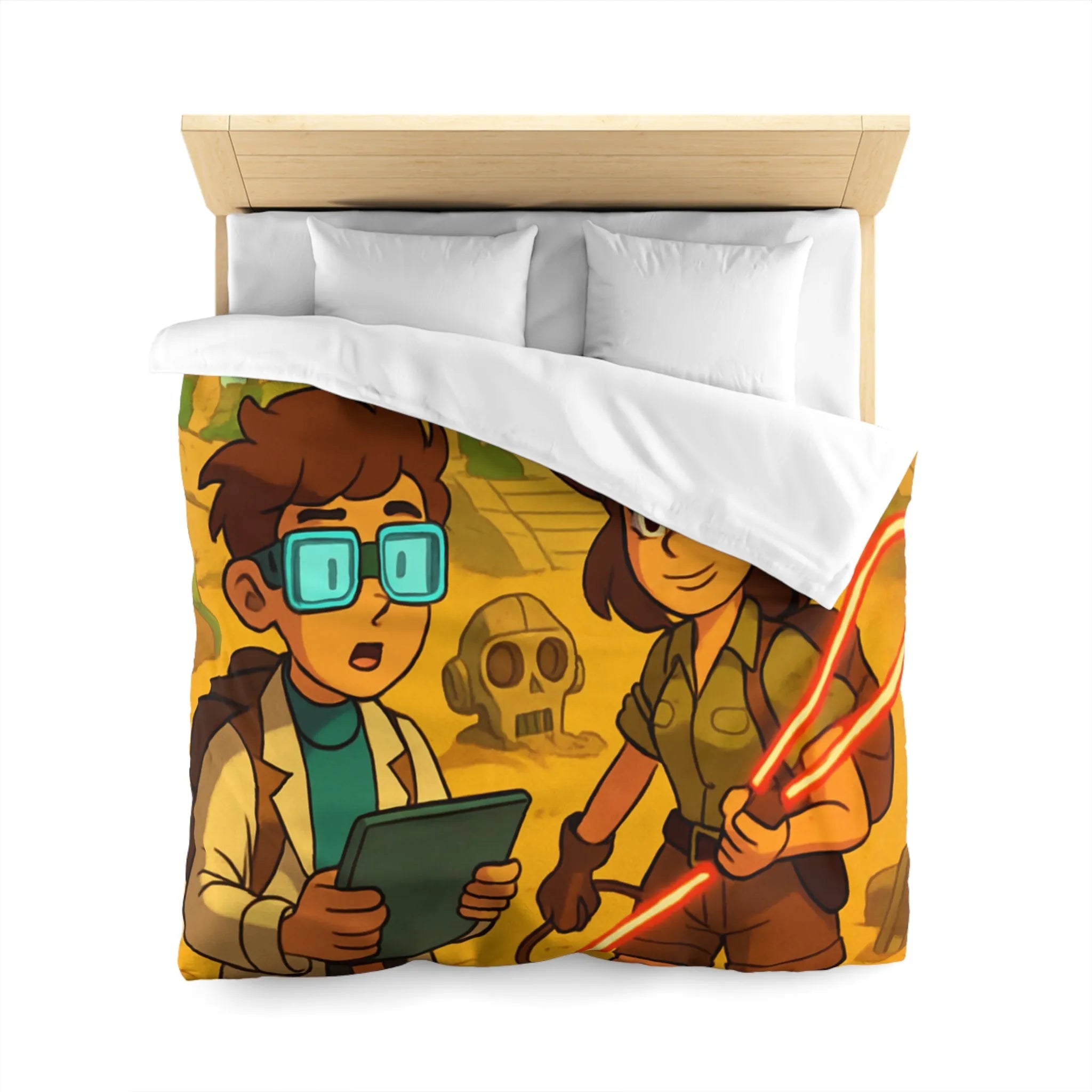 Housse de couette aventuriers explorant ruines mystérieuses en style cartoon animé coloré
