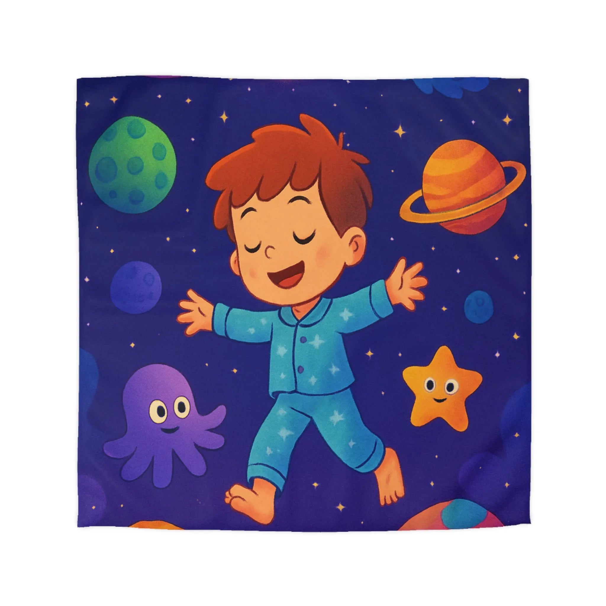 Housse de Couette Galaxie Enfant avec Atmosphère Rêveuse et Éléments Astronomiques Colorés