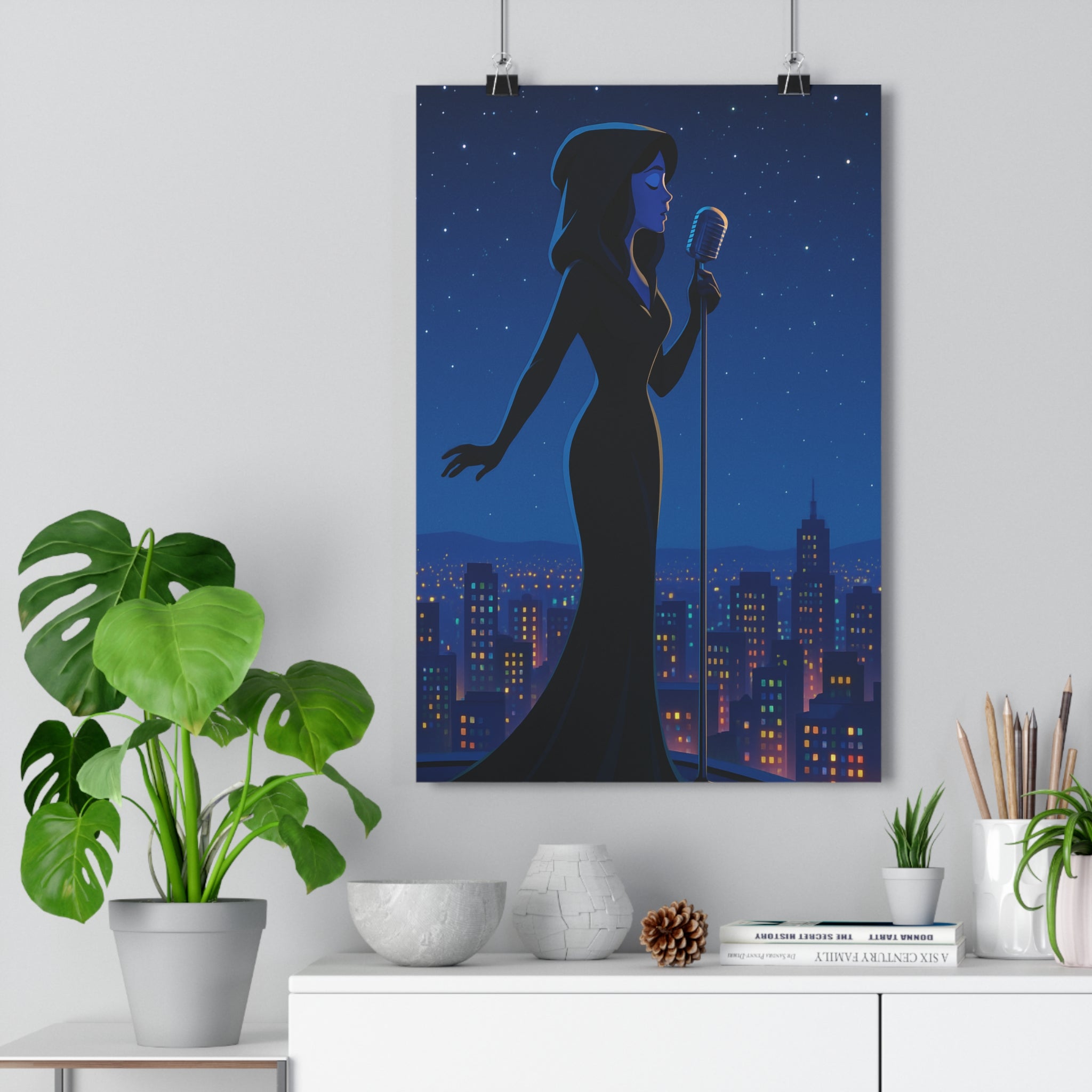 Poster décoratif chanteuse noire vintage ciel étoilé lumineux mystique dessin animé chambre salon 30x46