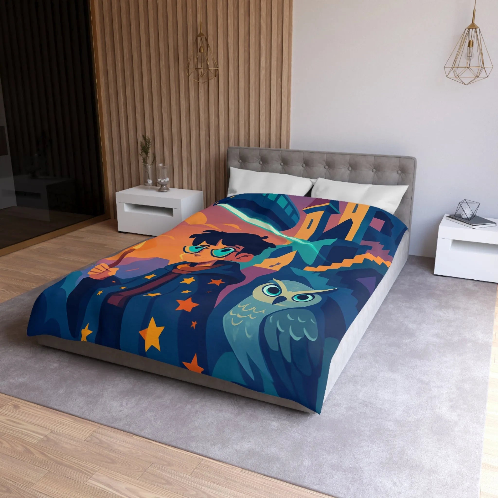 Housse de couette magique avec motif de garçon sorcier et hibou lumineux