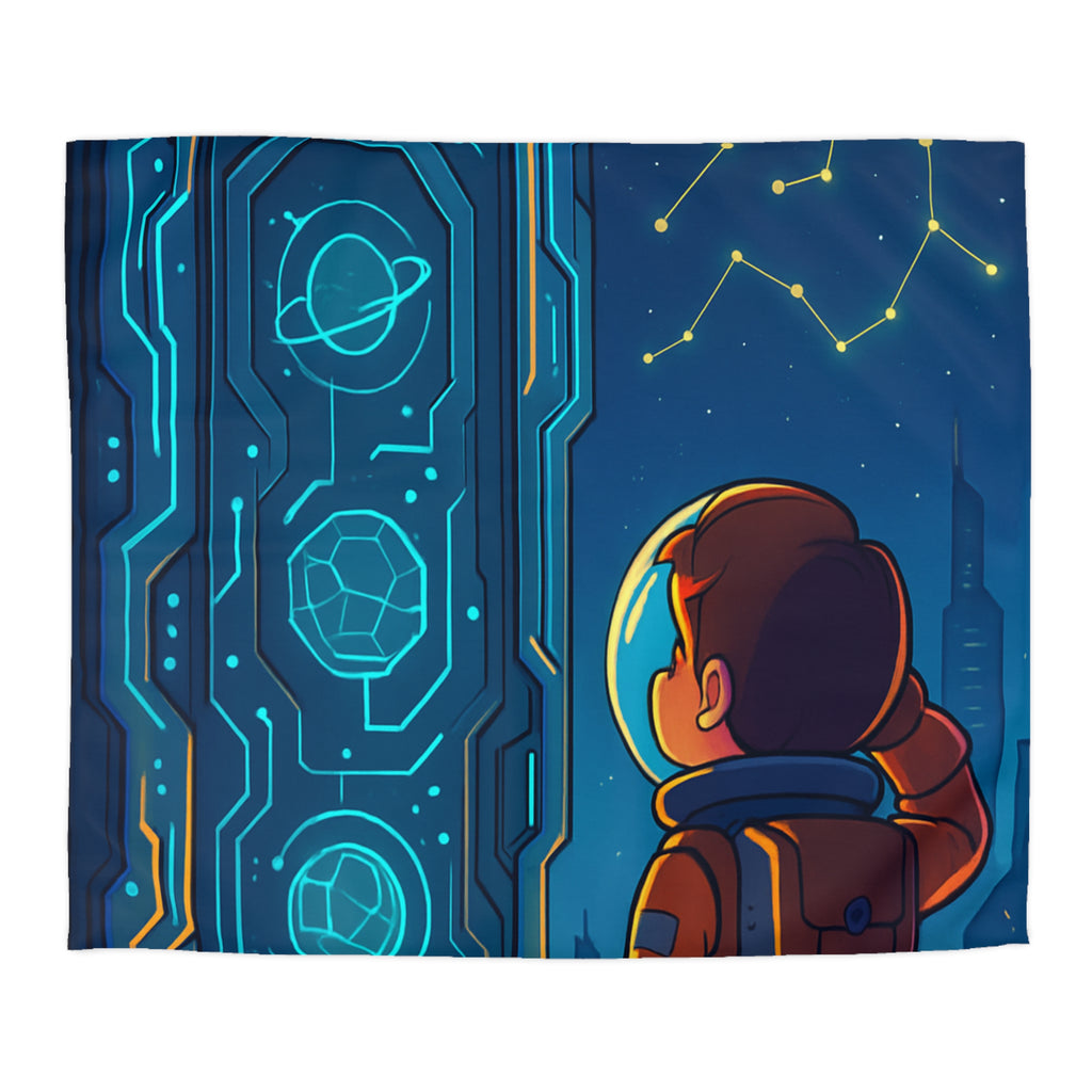 Spacieux design illustrant astronaute devant porte futuriste et constellations étoilées