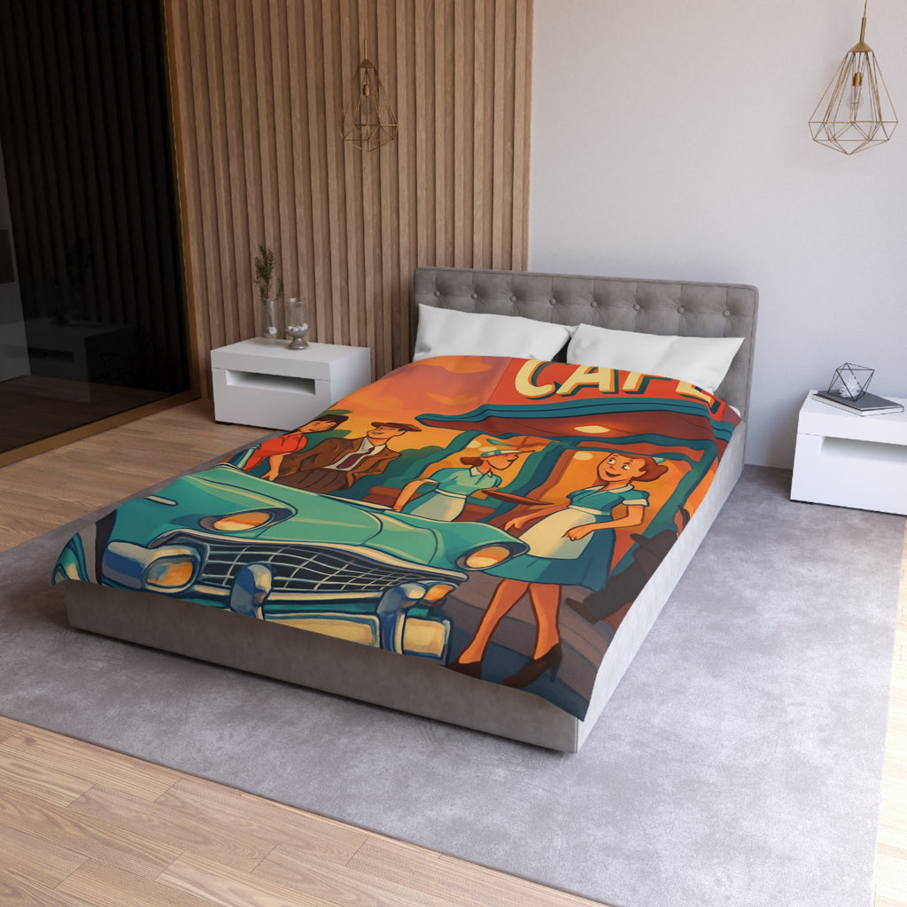 Housse de couette rétro avec illustration de café américain et voiture vintage