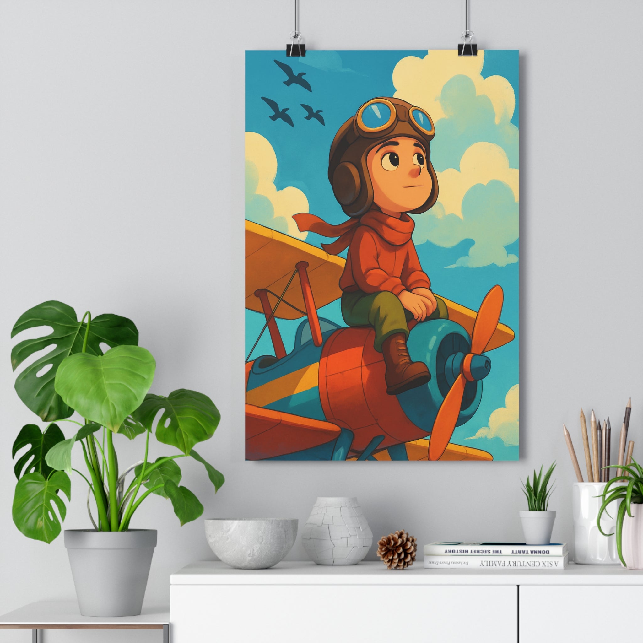 Poster décoratif rétro cartoon bleu rouge joyeux enfant nuage aventure avion biplan chambre style